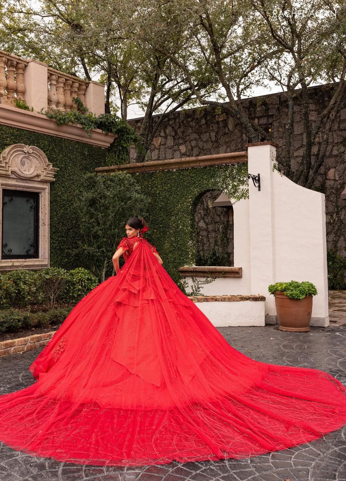 Red Sweetheart Floor Length Glitter Tulle Quinceanera Ball Gown with Floral Applique Rachel Allan RQ3156