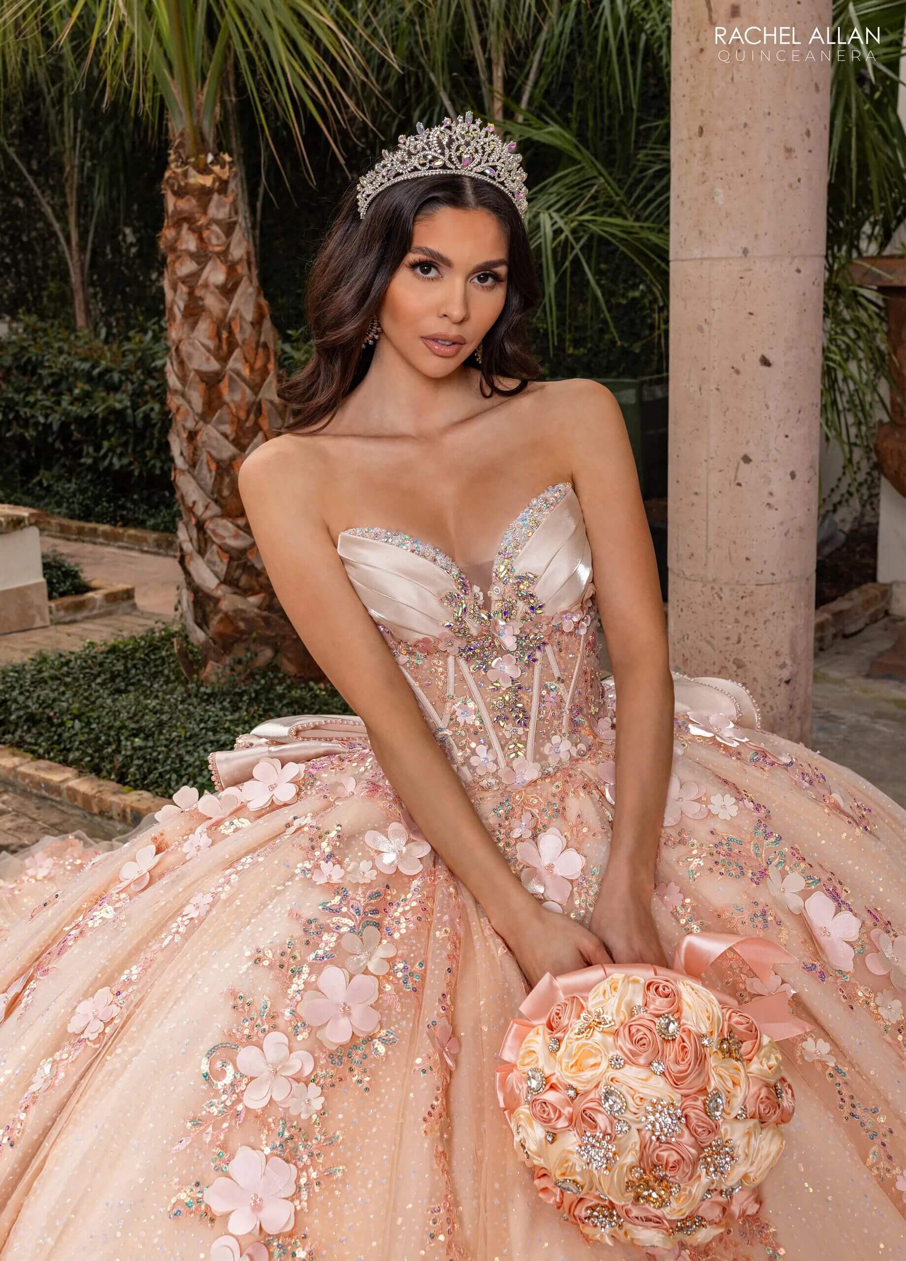 Champagne Sweetheart Floor Length Glitter Tulle Quinceanera Ball Gown with 3D Floral Appliques Detachable Bow and Optional Rachel Allan RQ3162