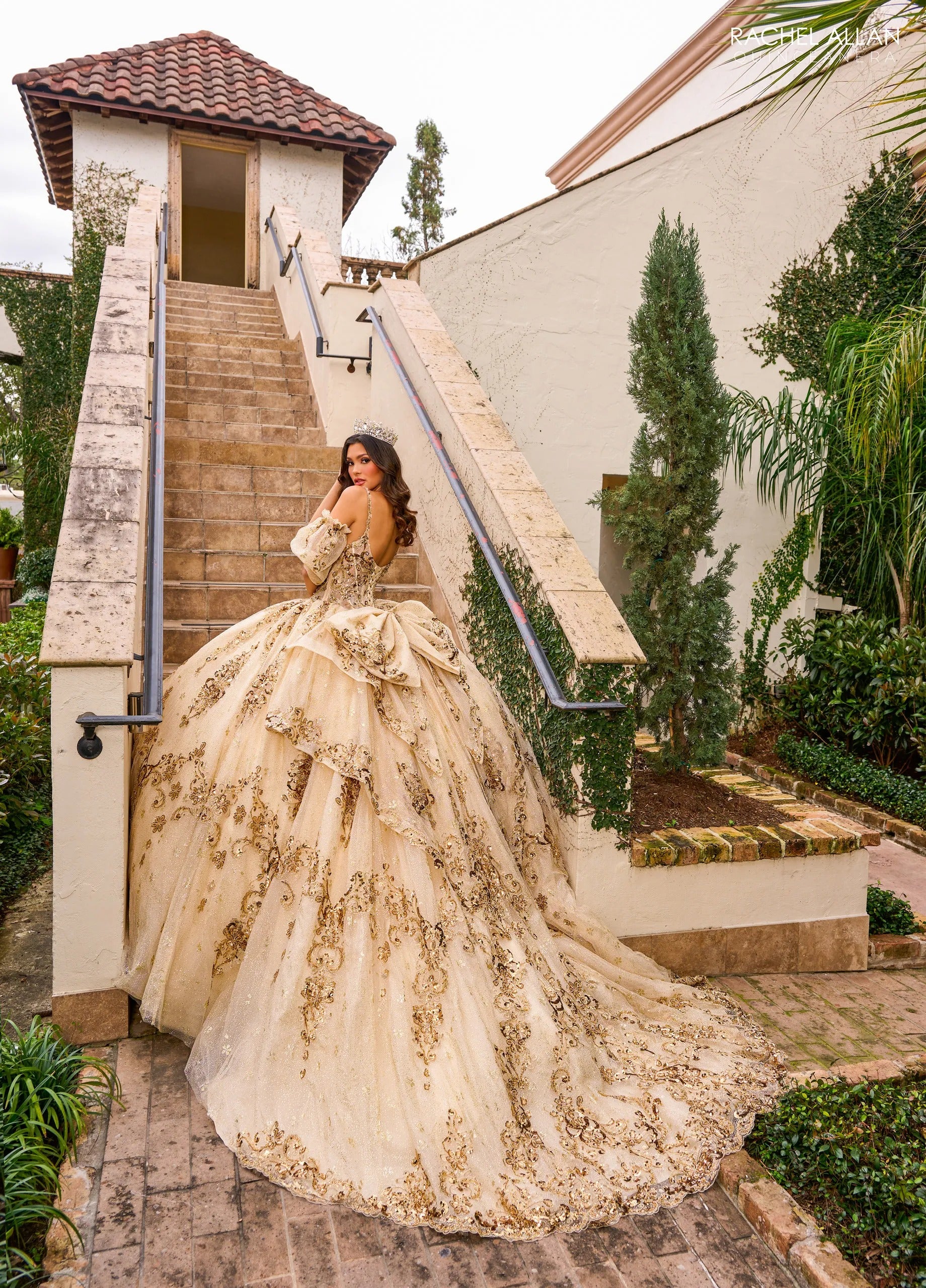 Champagne Gold Sweetheart Floor Length Glitter Tulle Quinceanera Ball Gown with Metallic Appliques Rachel Allan RQ2202