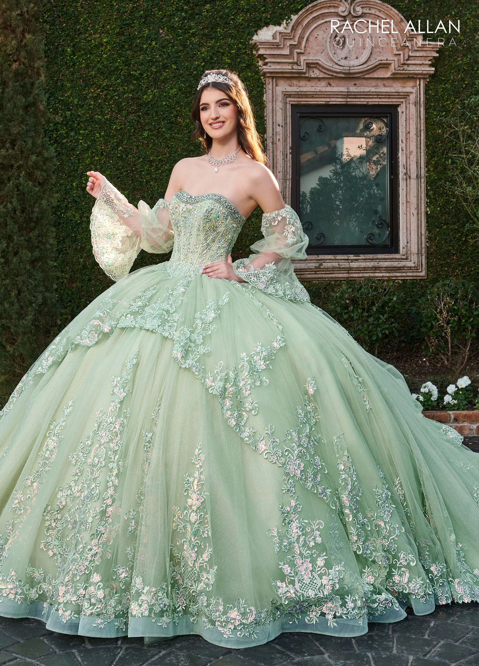 Sage Sweetheart Floor-Length Glitter Tulle Quinceañera Ball Gown with Detachable Puff Sleeve Rachel Allan RQ2178