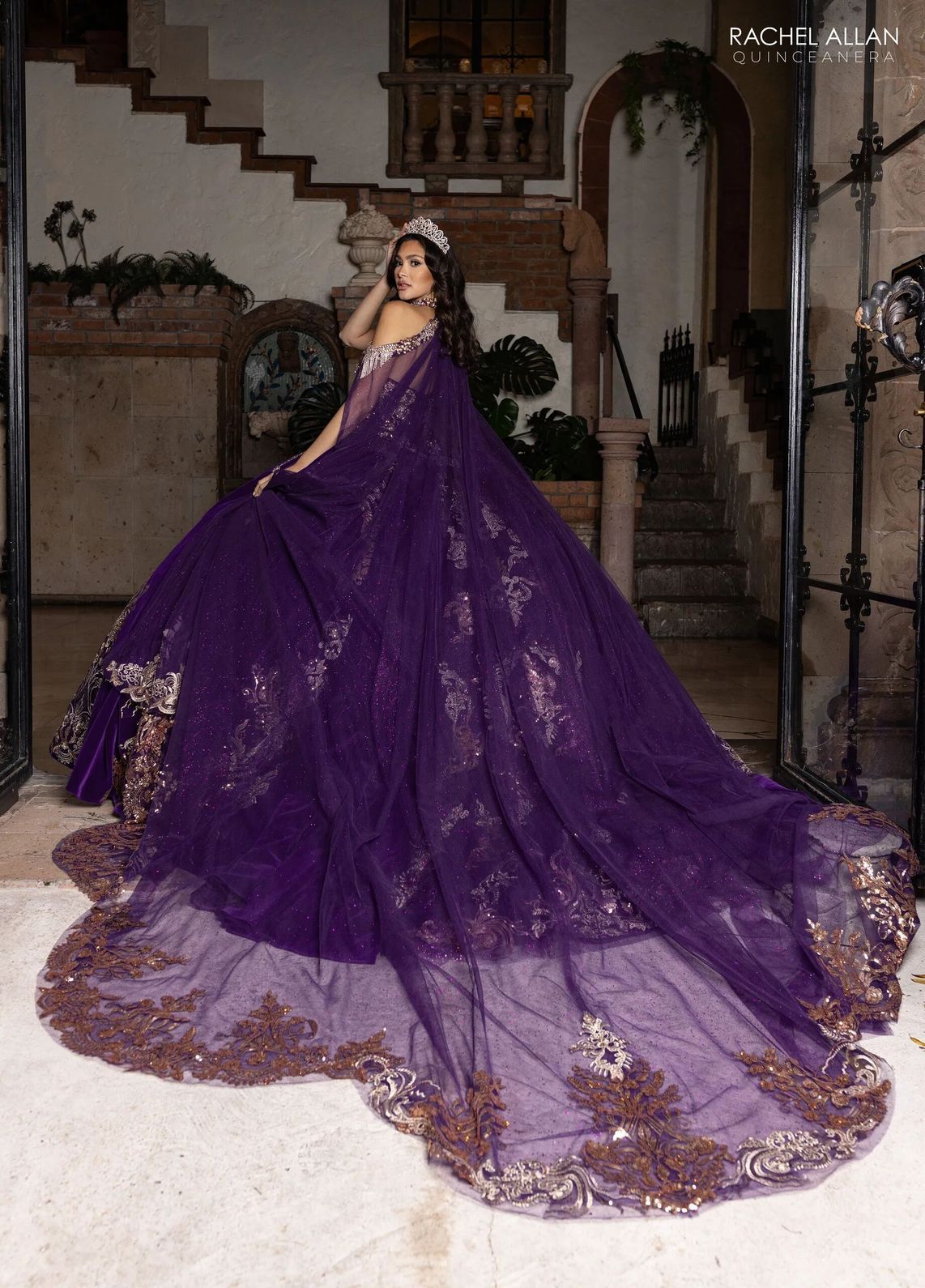 Purple Gold Sweetheart Floor Length Velvet Quinceanera Ball Gown with Metallic Embroidery Rachel Allan RQ3160