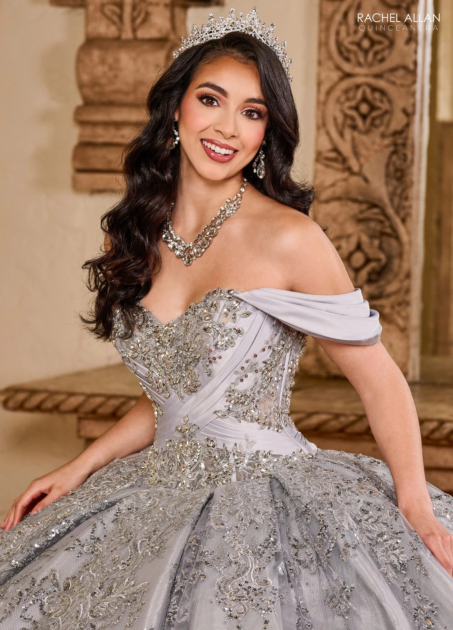 Silver Off the Shoulder Floor Length Glitter Tulle Quinceanera Ball Gown with Embroidered Applique Rachel Allan RQ2194