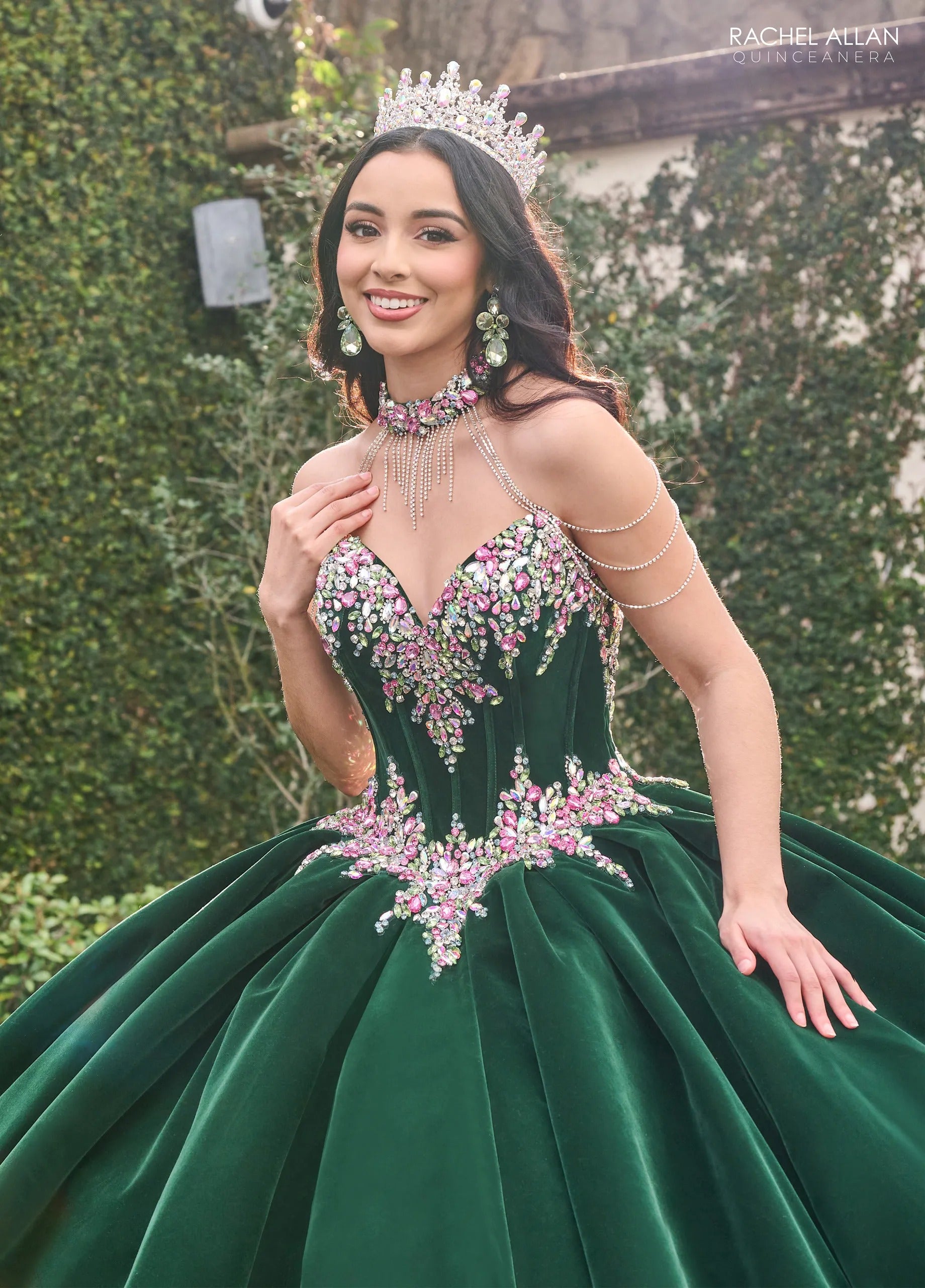 Emerald Multi Sweetheart Floor Length Velvet Quinceanera Ball Gown with Floral Embroidery Rachel Allan RQ2198