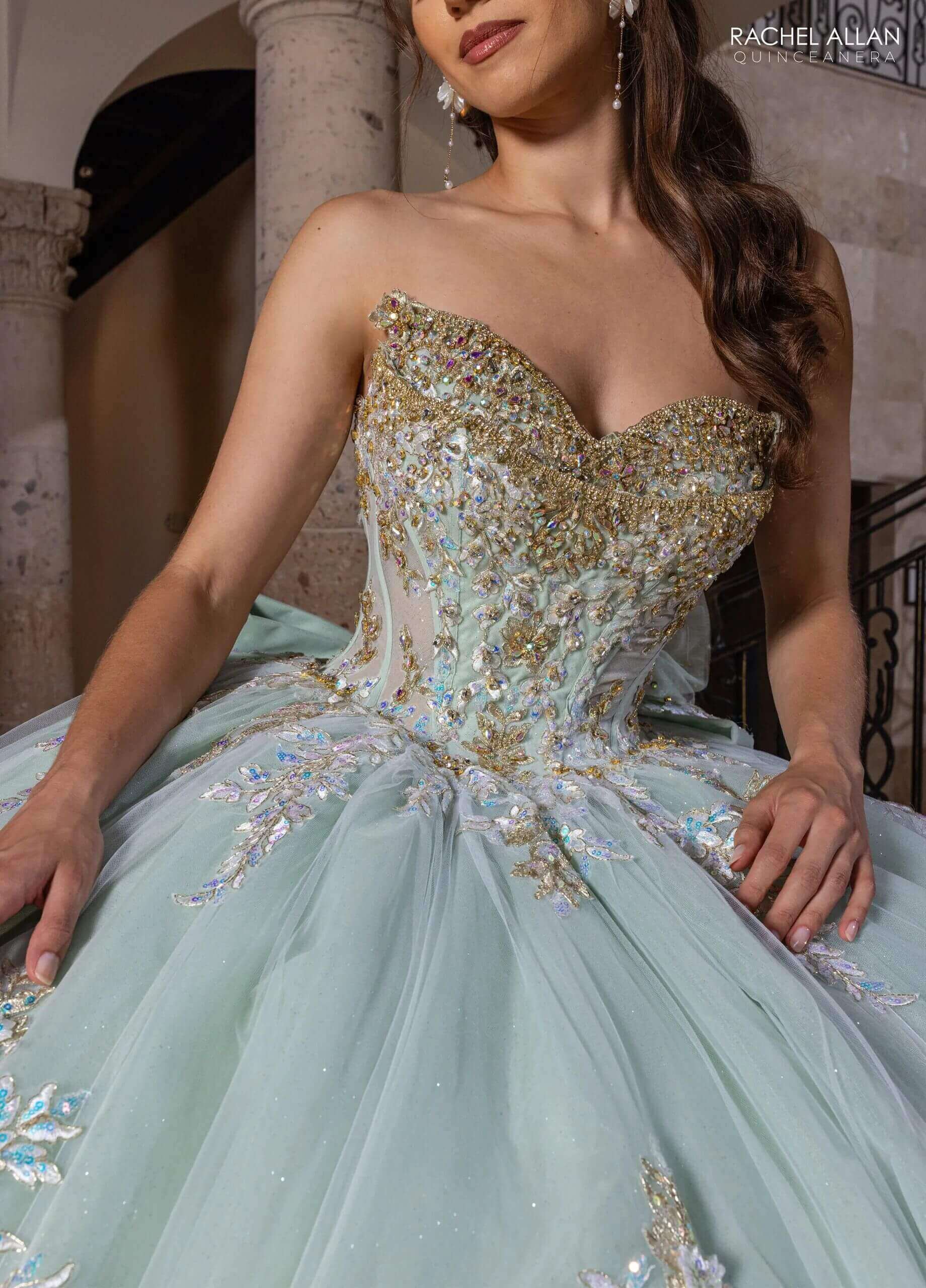 Ivory Sage Sweetheart Off the Shoulder Floor Length Glitter Tulle Quinceanera Ball Gown Rachel Allan RQ2240