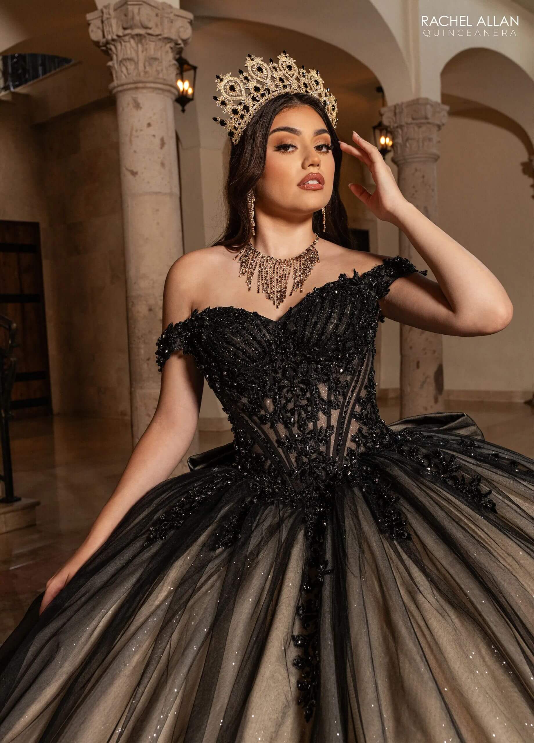 Black Champagne Off the Shoulder Floor Length Glitter Tulle Quinceanera Ball Gown Rachel Allan RQ2247
