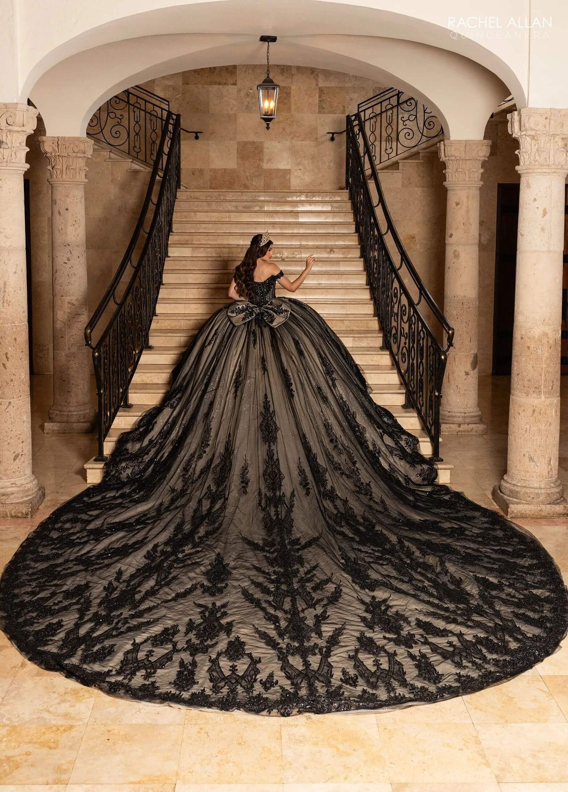 Black Champagne Off the Shoulder Floor Length Glitter Tulle Quinceanera Ball Gown Rachel Allan RQ2247
