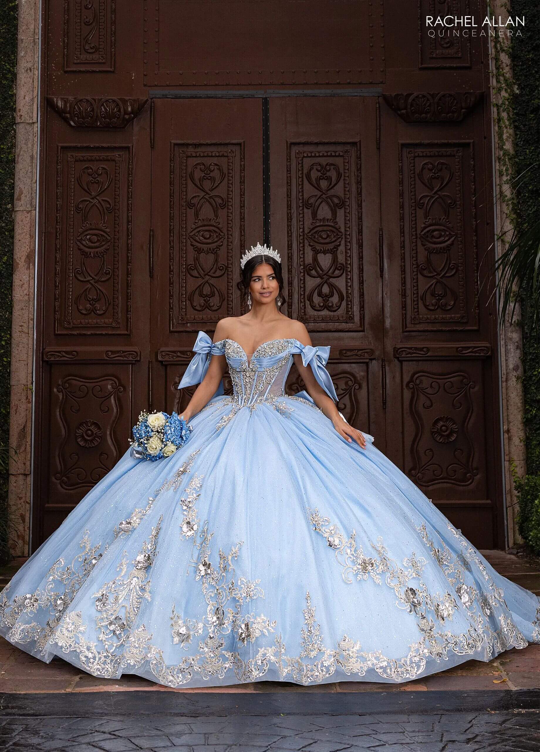 Cloud Blue Silver Off the Shoulder Floor Length Glitter Tulle Quinceanera Ball Gown with 3D Floral Appliques and Detachable Rachel Allan RQ3155