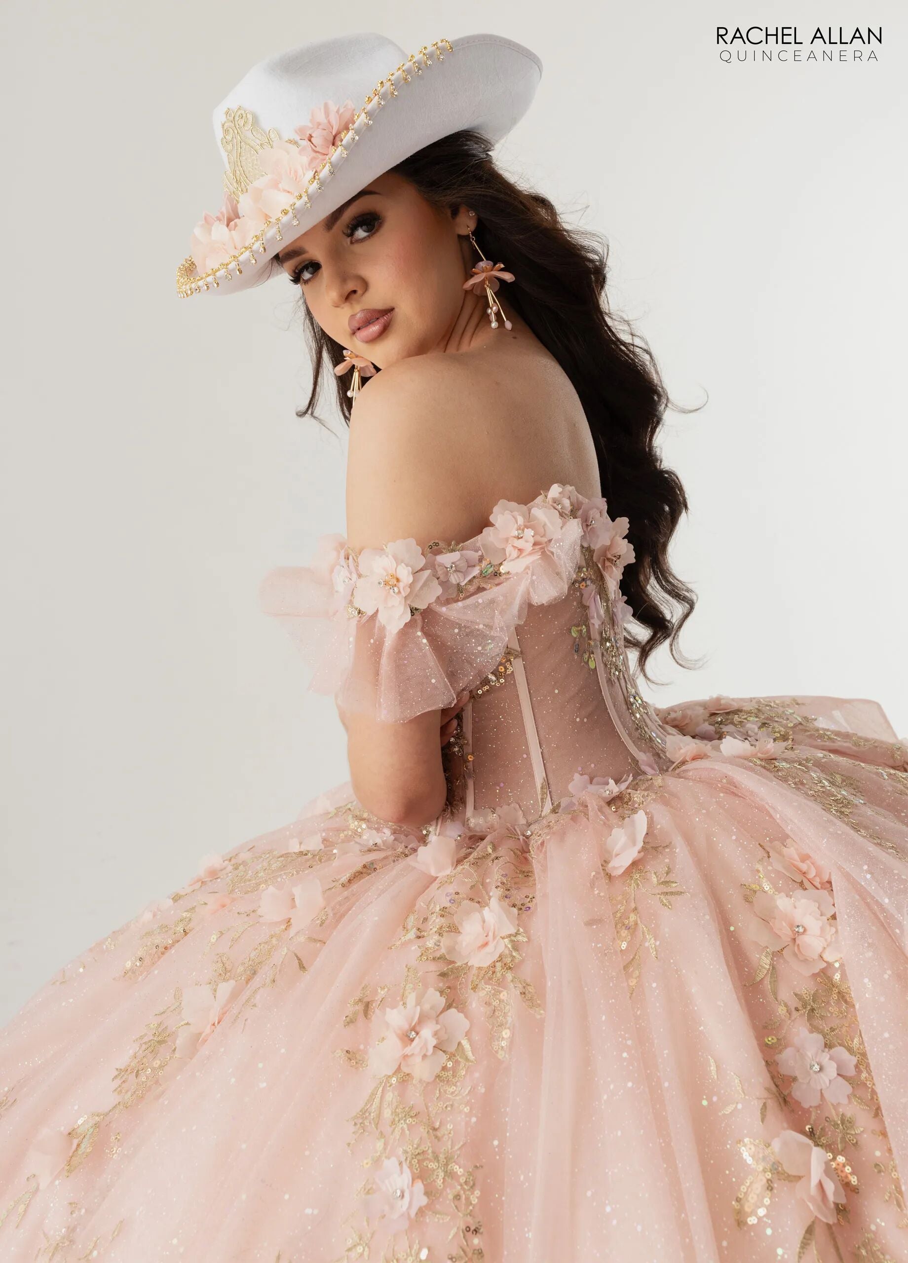 Rose Pink Gold Sweetheart Floor Length Glitter Tulle Quinceanera 3D Floral Applique Ball Gown Rachel Allan RQ2242