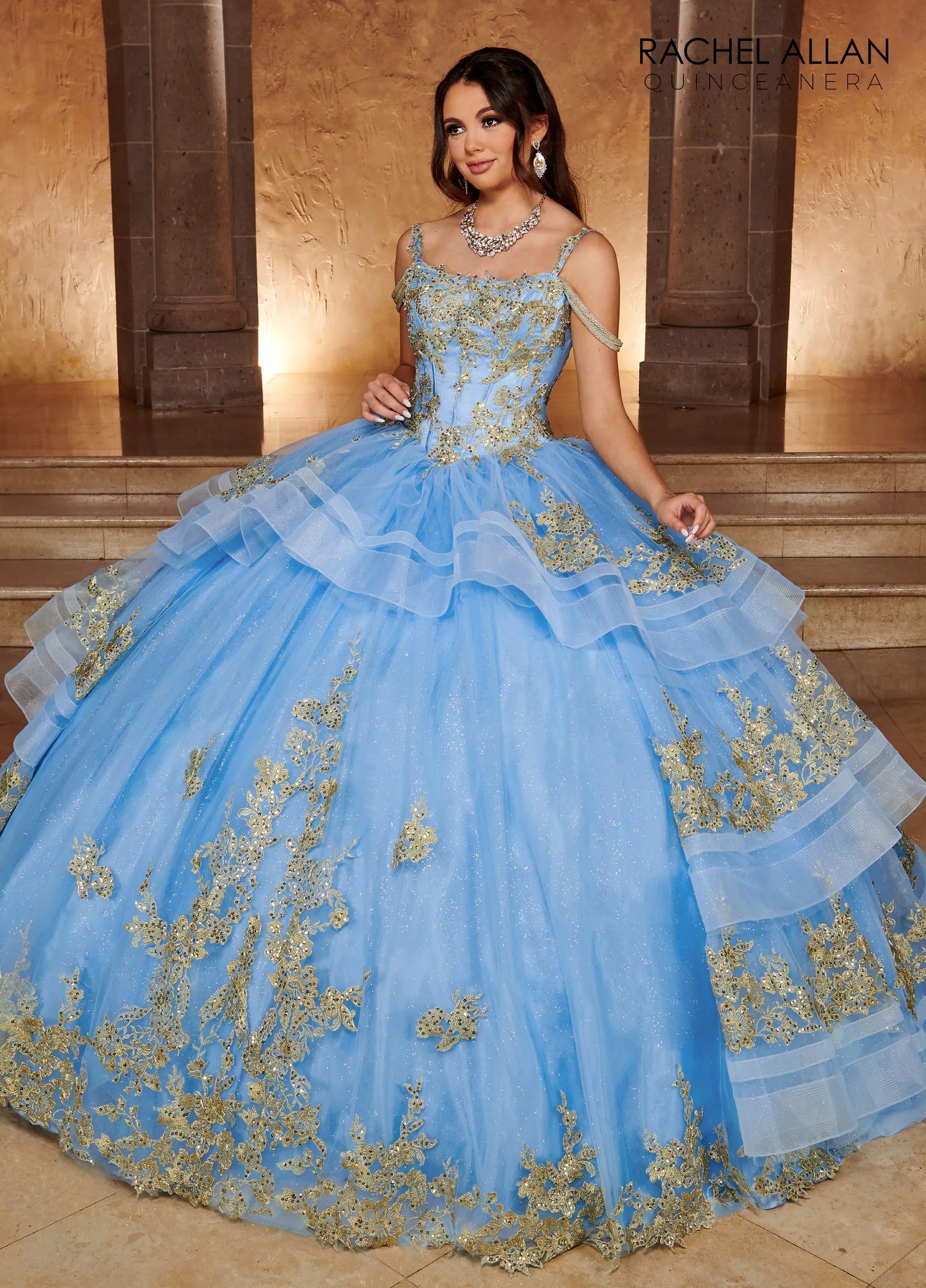 Azure Gold Scoop Neck Floor Length Glitter Tulle Quinceanera Ball Gown with Tiered Skirt Rachel Allan RQ2169