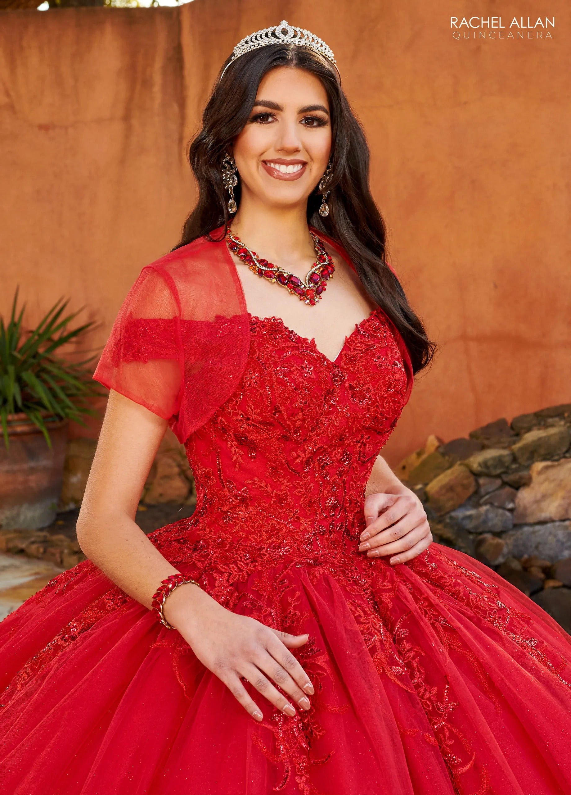 Red Off the Shoulder Floor Length Glitter Tulle Quinceanera Ball Gown with Beaded Applique Rachel Allan MQ2151