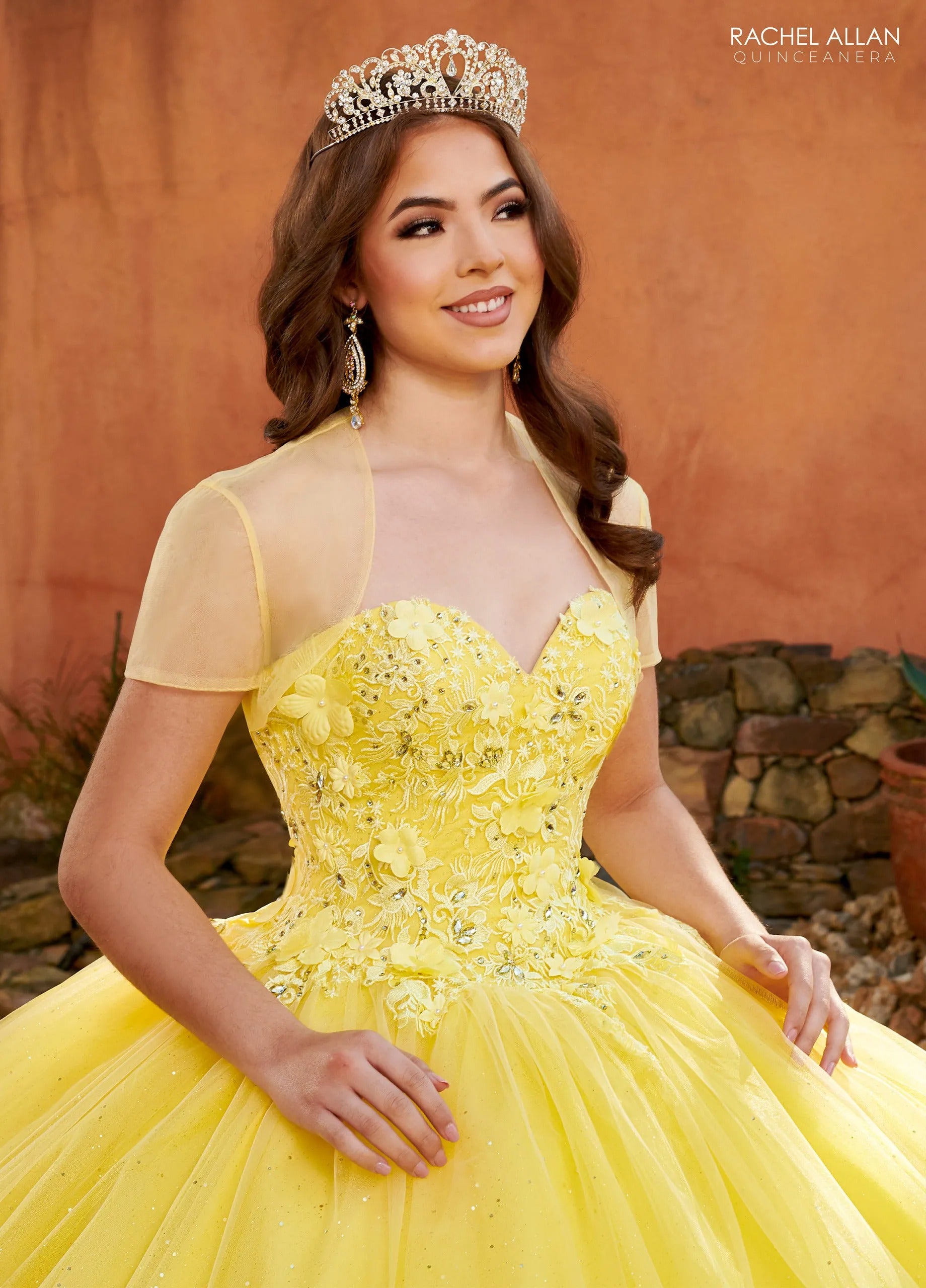 Yellow Sweetheart Floor Length Tulle Quinceanera Ball Gown with 3D Flowers and Puff Sleeves Rachel Allan MQ2159