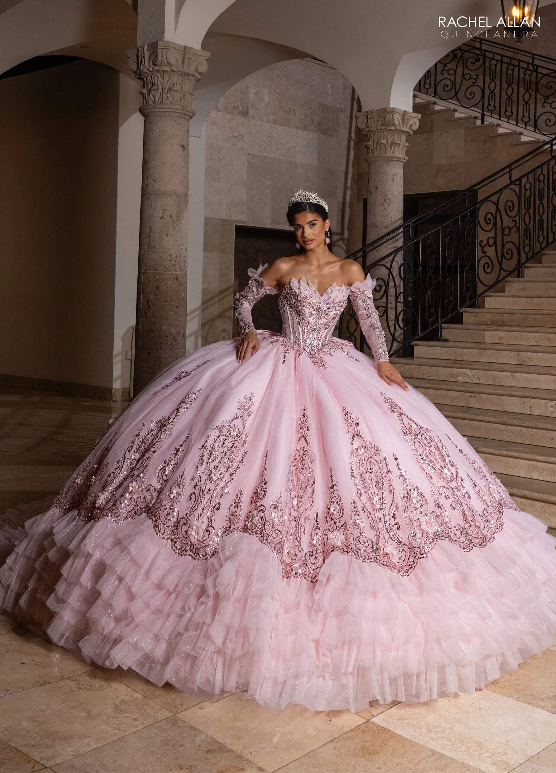 Light Pink Off the Shoulder Floor Length Glitter Tulle Quinceanera Ruffle Hem Ball Gown Rachel Allan RQ2243