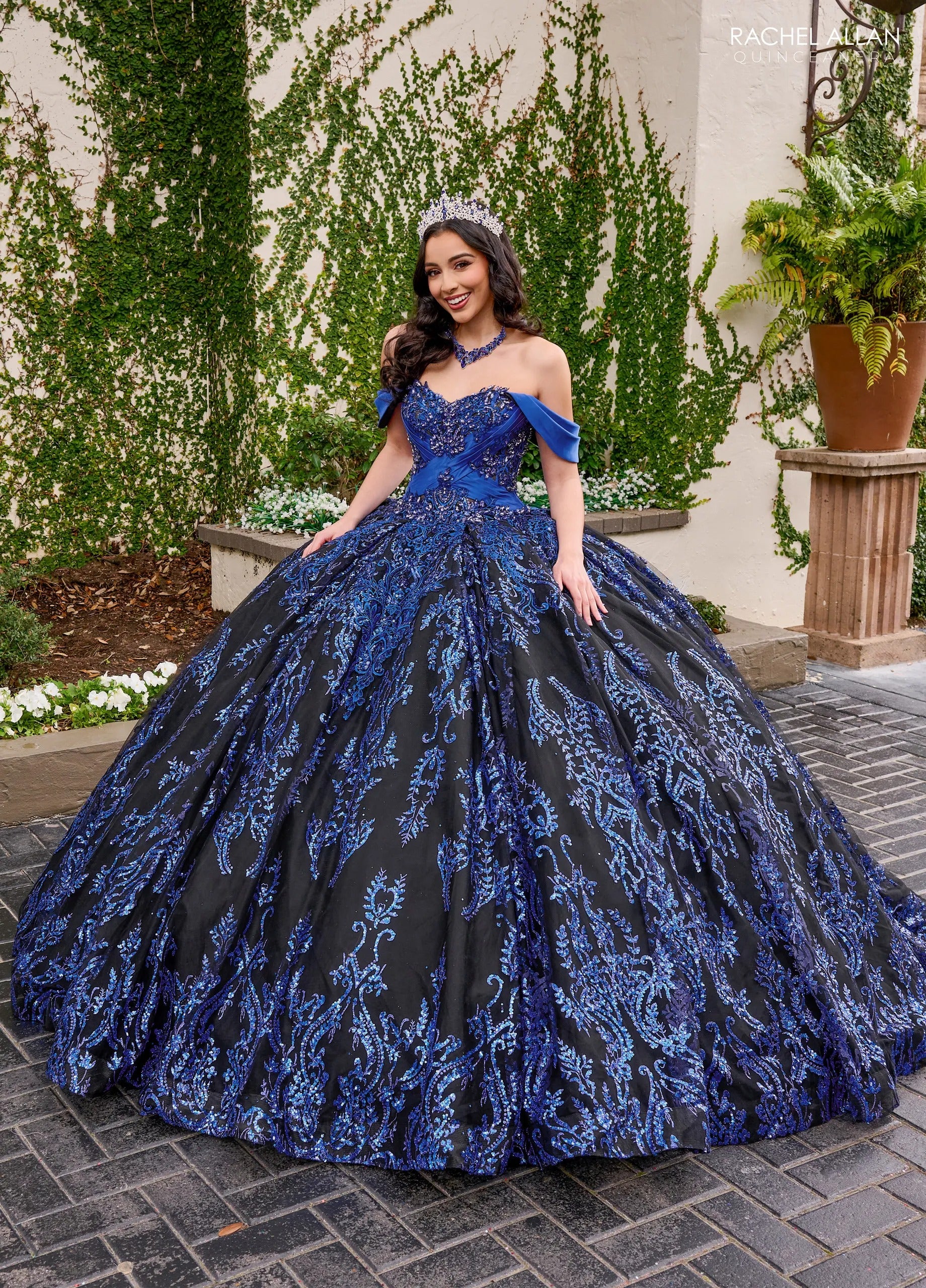 Black Royal Off the Shoulder Floor Length Glitter Tulle Quinceanera Ball Gown with Embroidered Applique Rachel Allan RQ2194
