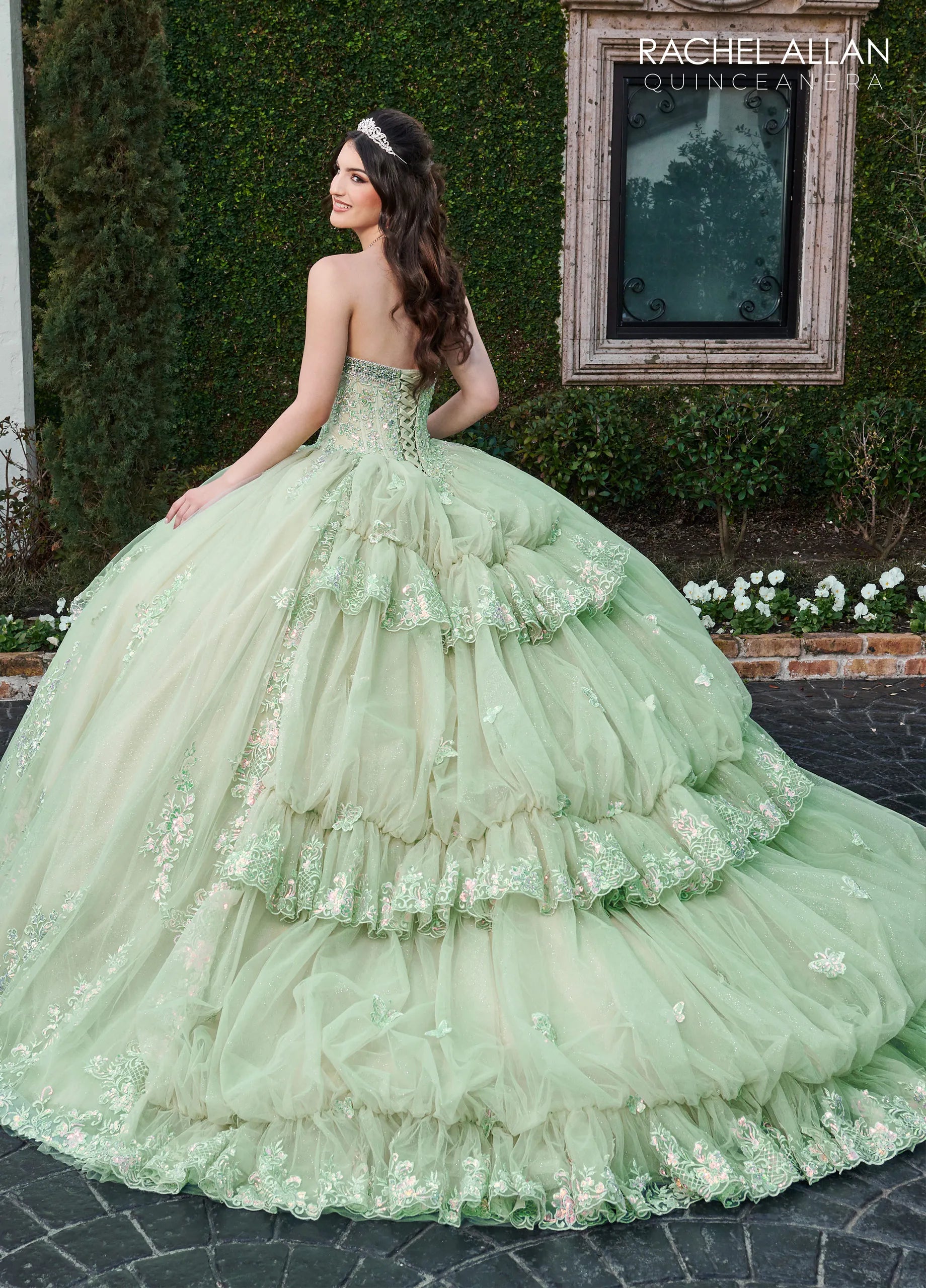 Sage Sweetheart Floor-Length Glitter Tulle Quinceañera Ball Gown with Detachable Puff Sleeve Rachel Allan RQ2178