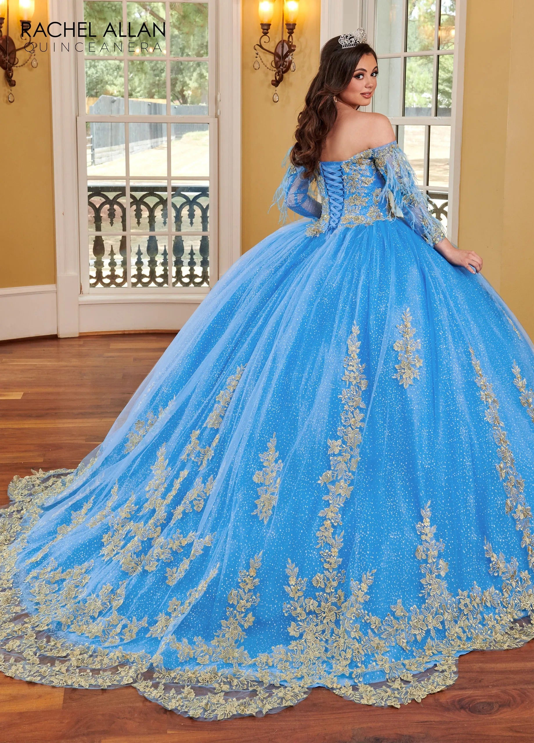 Azure Gold Sweetheart Floor Length Glitter Tulle Quinceanera Ball Gown with Feather Cape Rachel Allan RQ2167