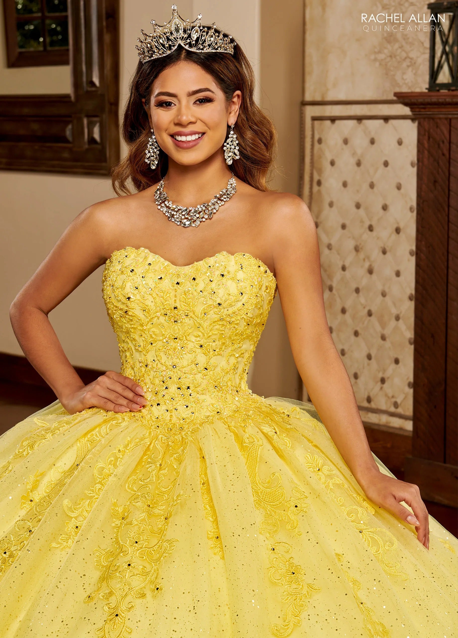 Yellow Sweetheart Floor Length Glitter Tulle Quinceanera Ball Gown with Cape Rachel Allan MQ2150