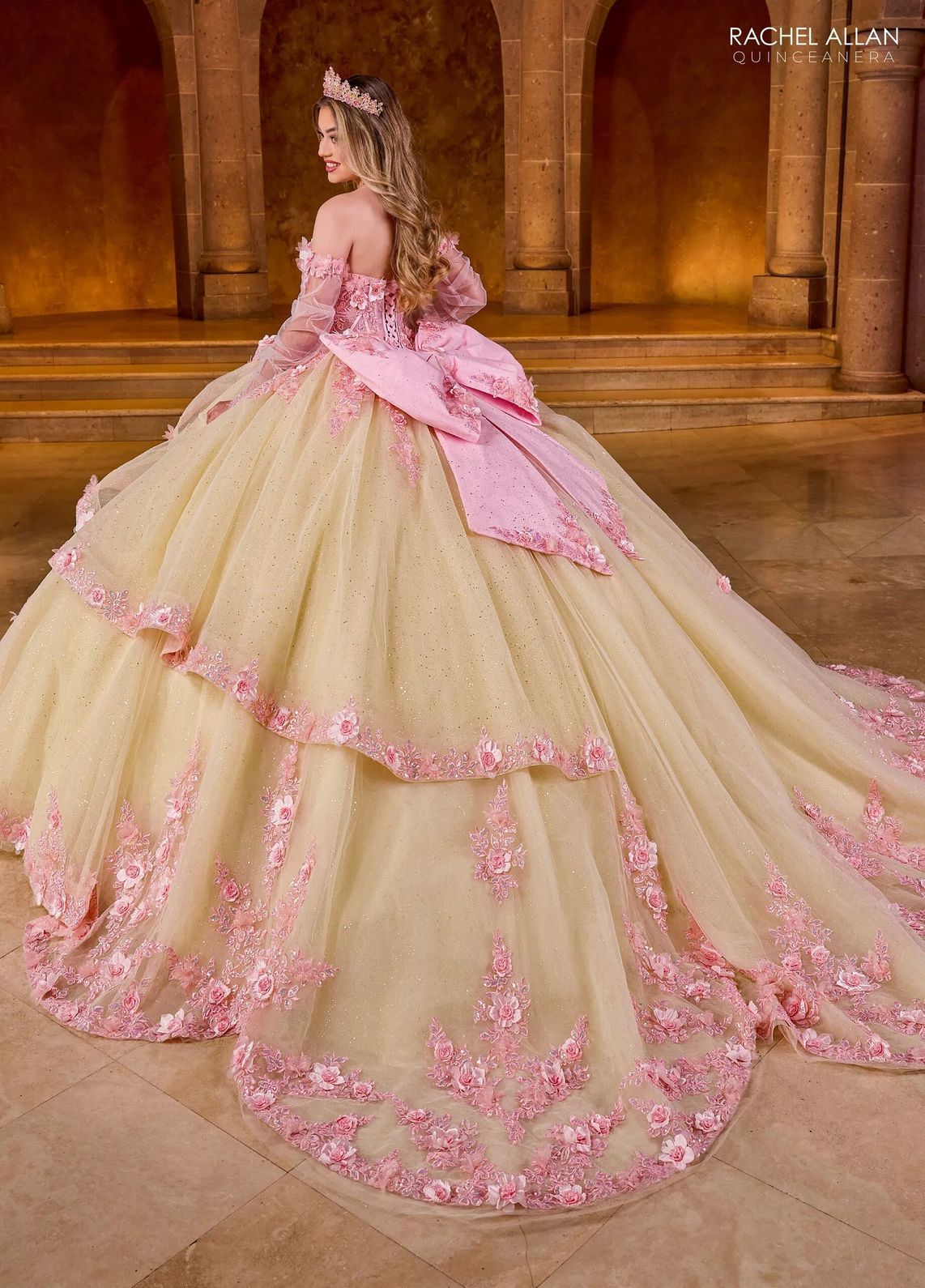 Pink Champagne Off the Shoulder Floor Length Glitter Tulle Quinceanera Ball Gown with Floral Applique Rachel Allan RQ2196