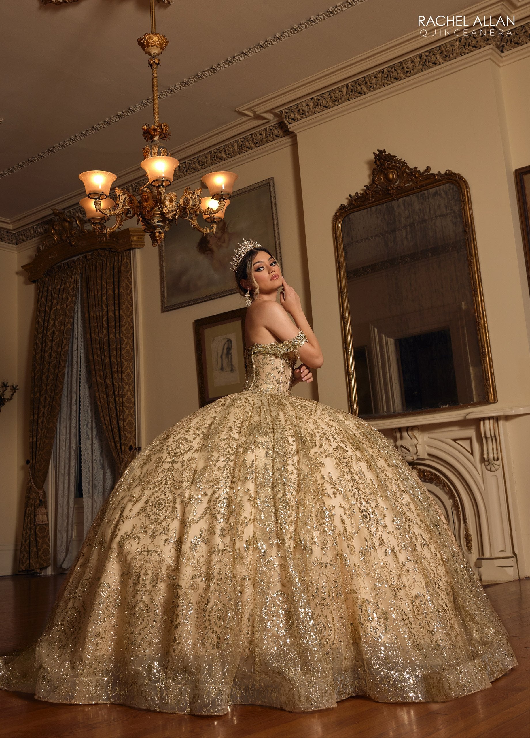 Quinceniera Dresses Long Beaded Ball Gown Glitter Quinceanera Dress Champagne Gold