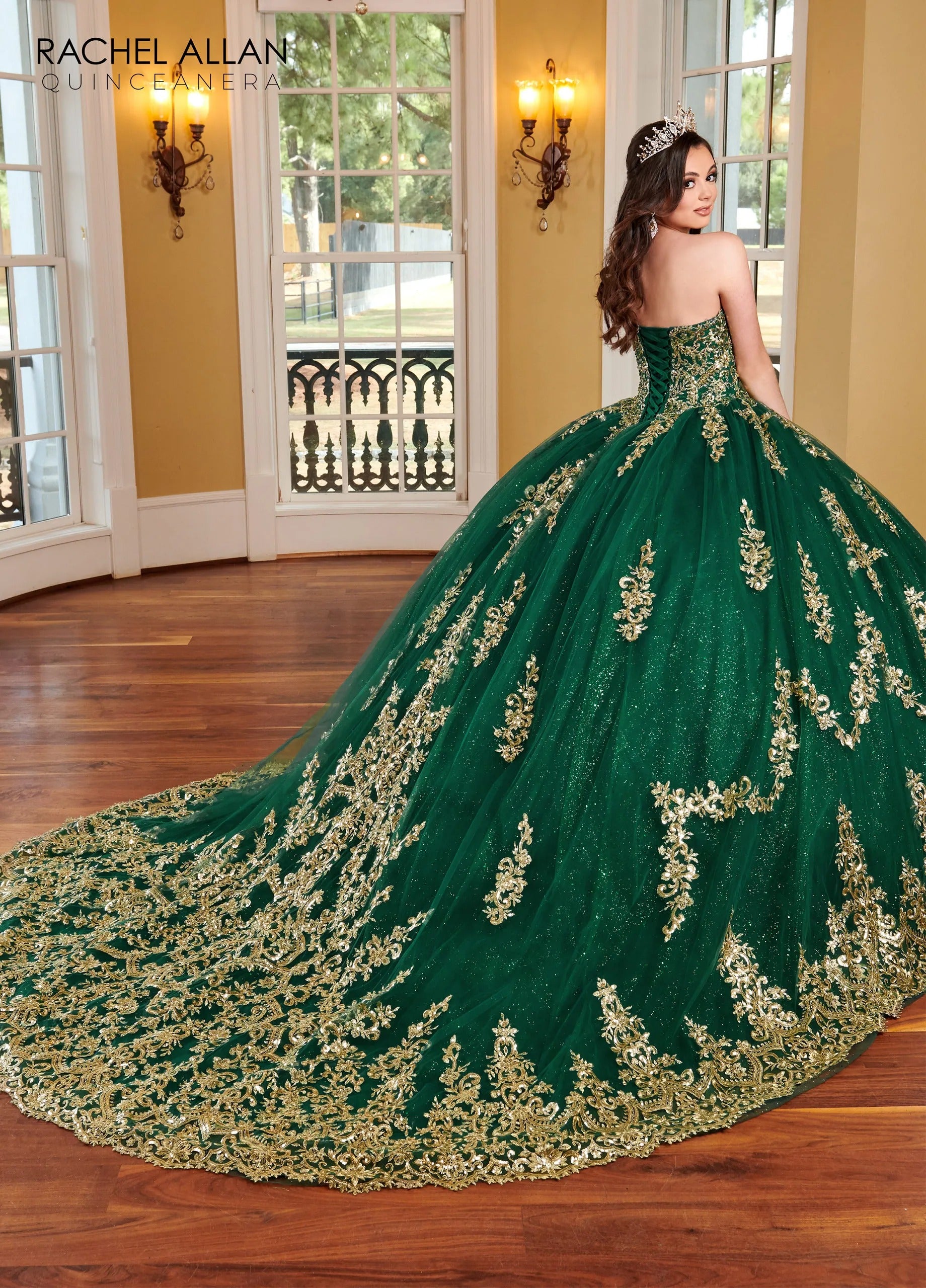 Emerald Gold Sweetheart Floor Length Glitter Tulle Quinceanera Ball Gown with Cathedral Train Rachel Allan RQ2170