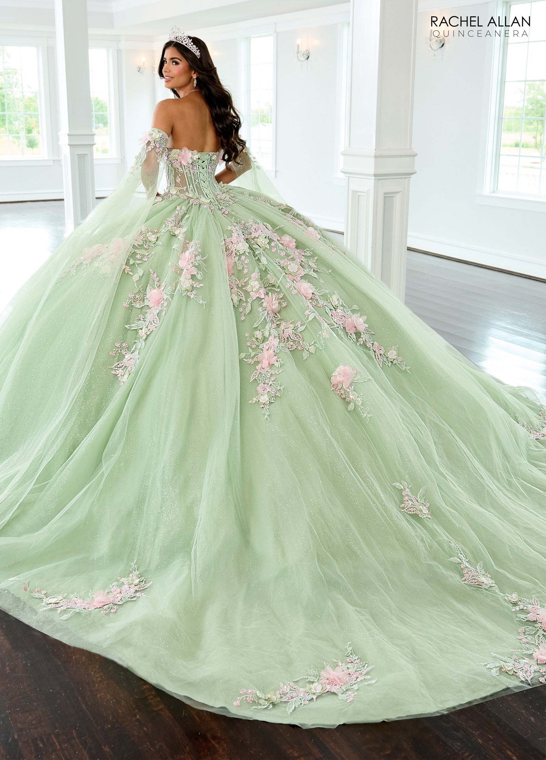 Quinceniera Dresses Ball Gown Glitter Long Floral Quinceanera Dress Sage Pink
