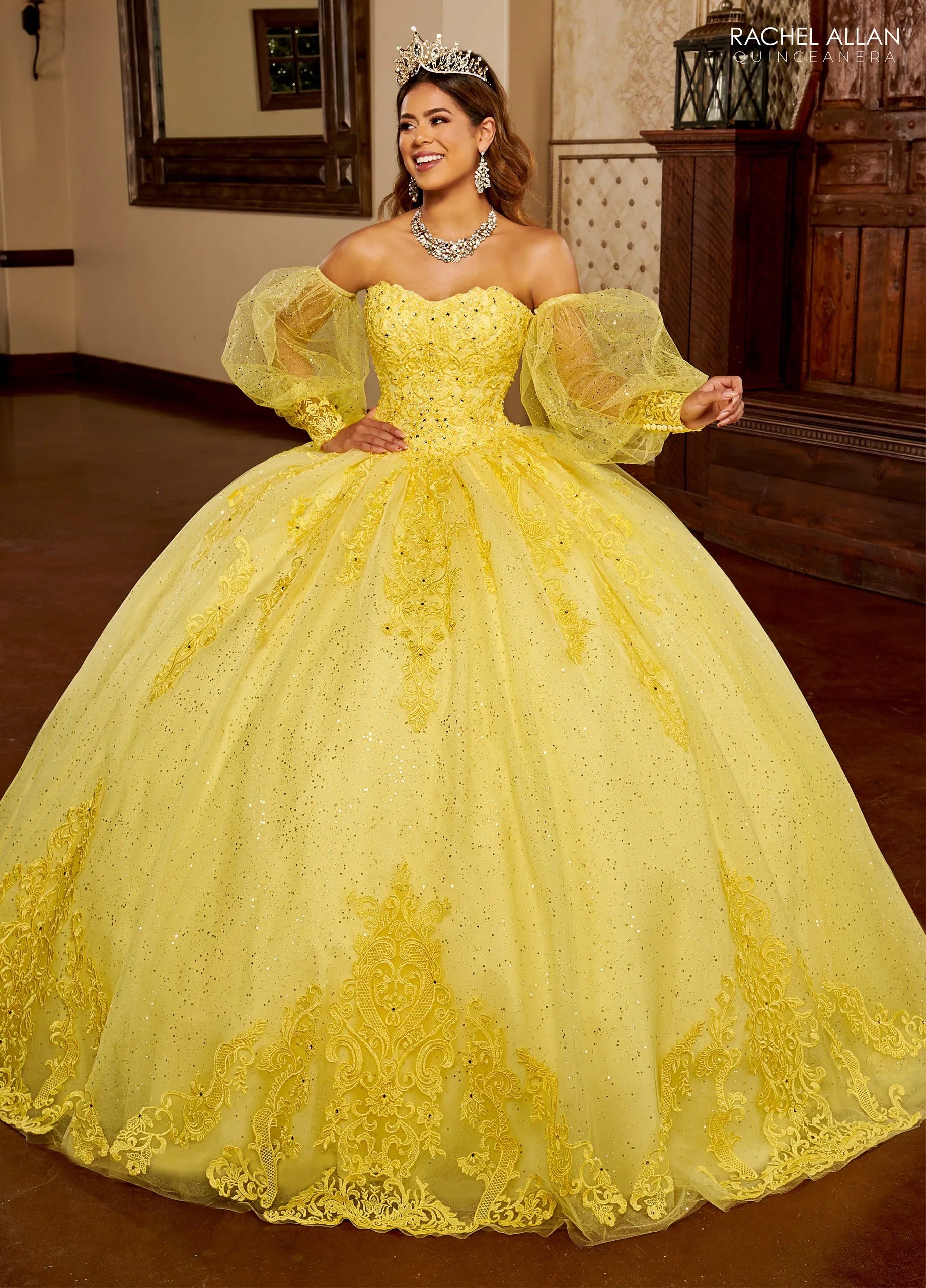 Yellow Sweetheart Floor Length Glitter Tulle Quinceanera Ball Gown with Cape Rachel Allan MQ2150