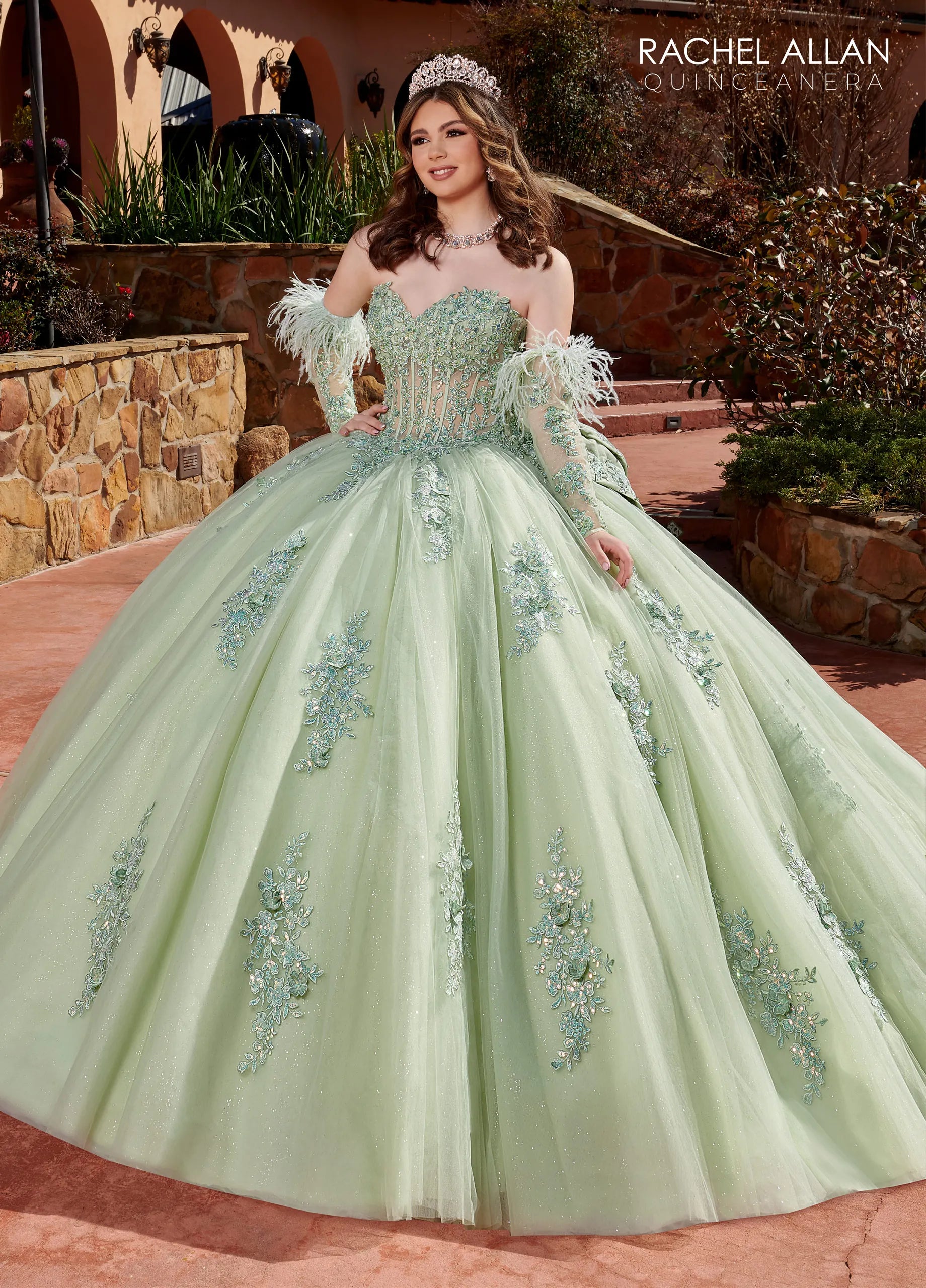 V-Neck Floor-Length Glitter Tulle Quinceanera Ball Gown with 3D Flowers Rachel Allan RQ1125