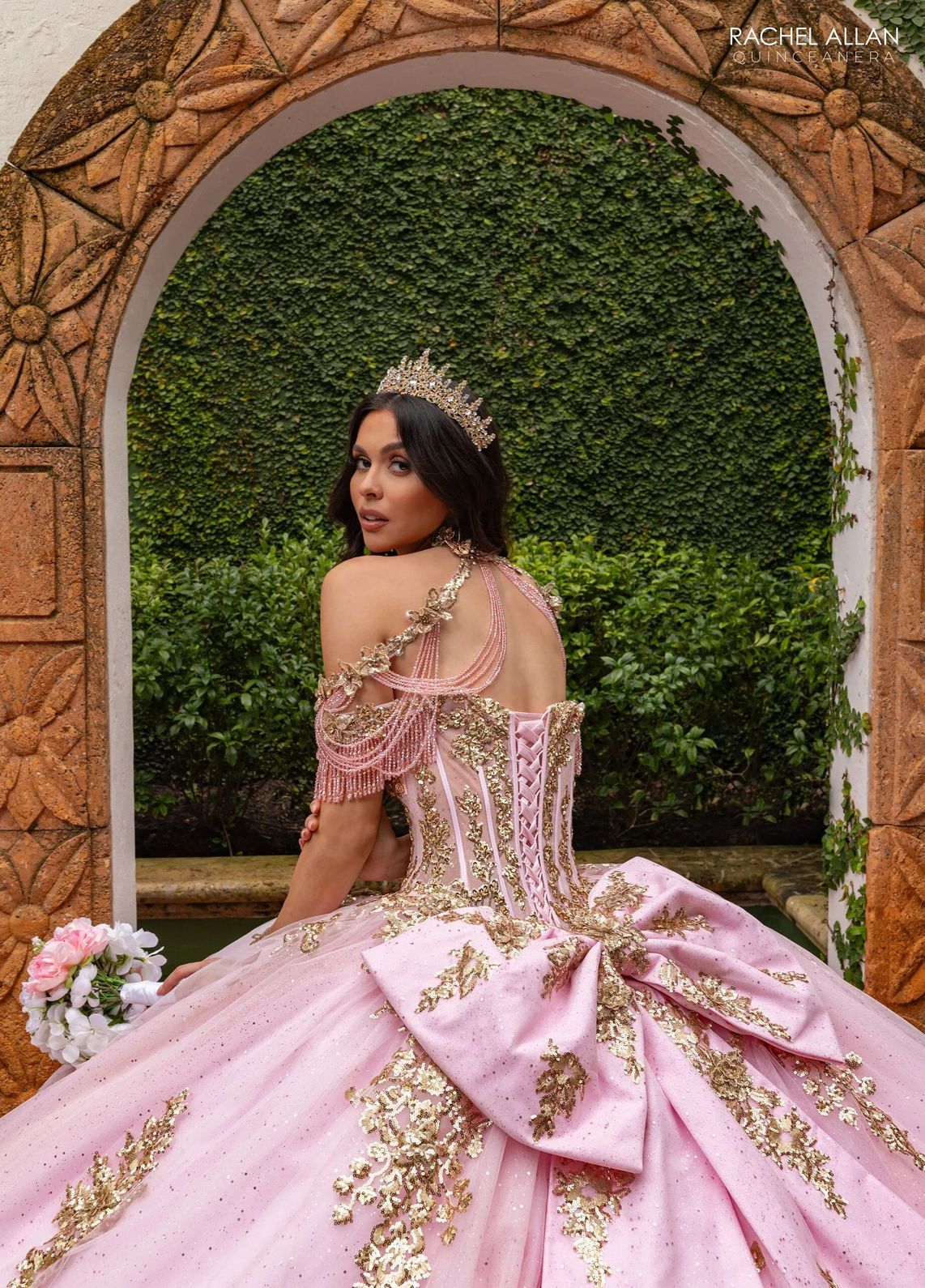 Blush Gold Sweetheart Floor Length Glitter Tulle Quinceanera Ball Gown with 3D Floral Applique Rachel Allan RQ2225