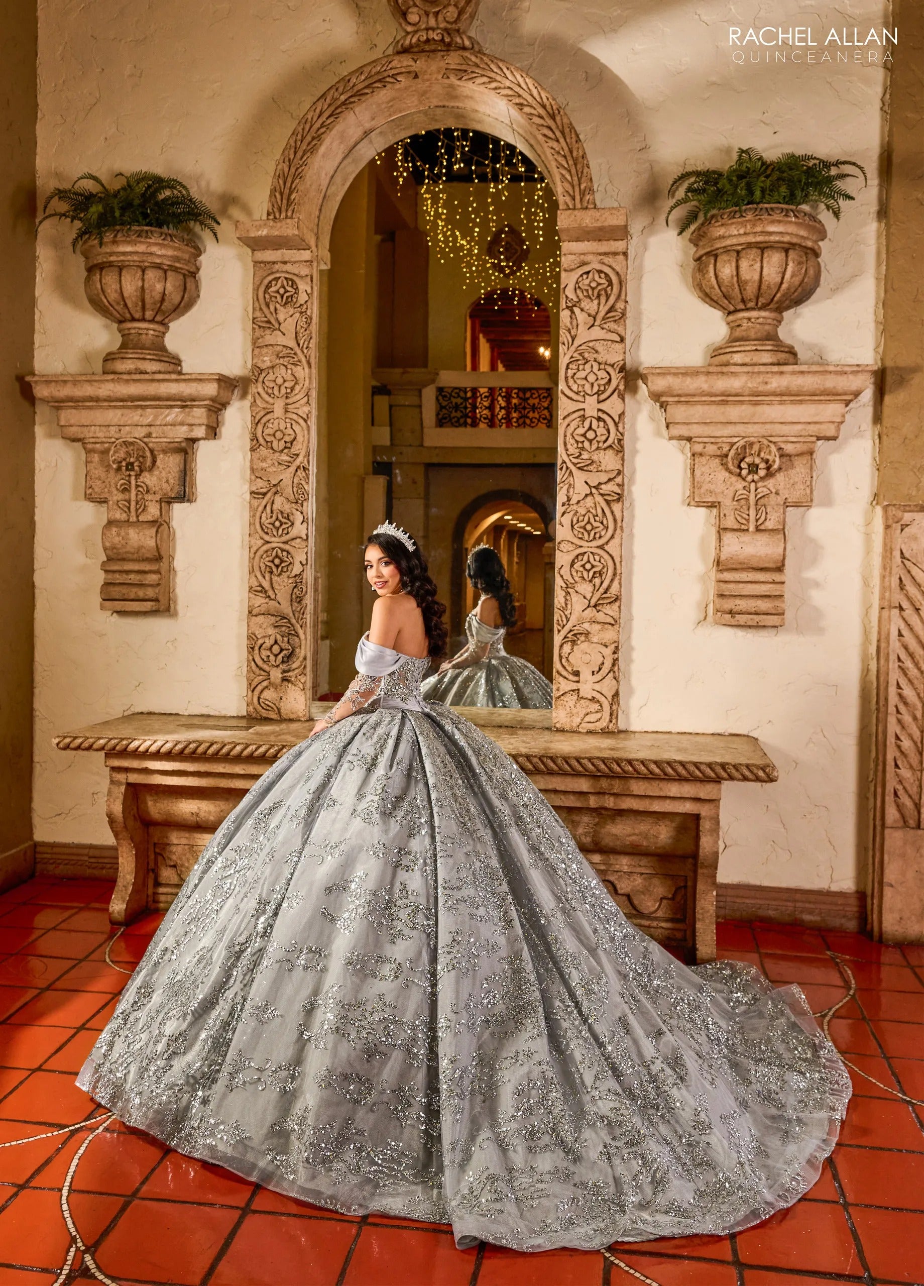Silver Off the Shoulder Floor Length Glitter Tulle Quinceanera Ball Gown with Embroidered Applique Rachel Allan RQ2194