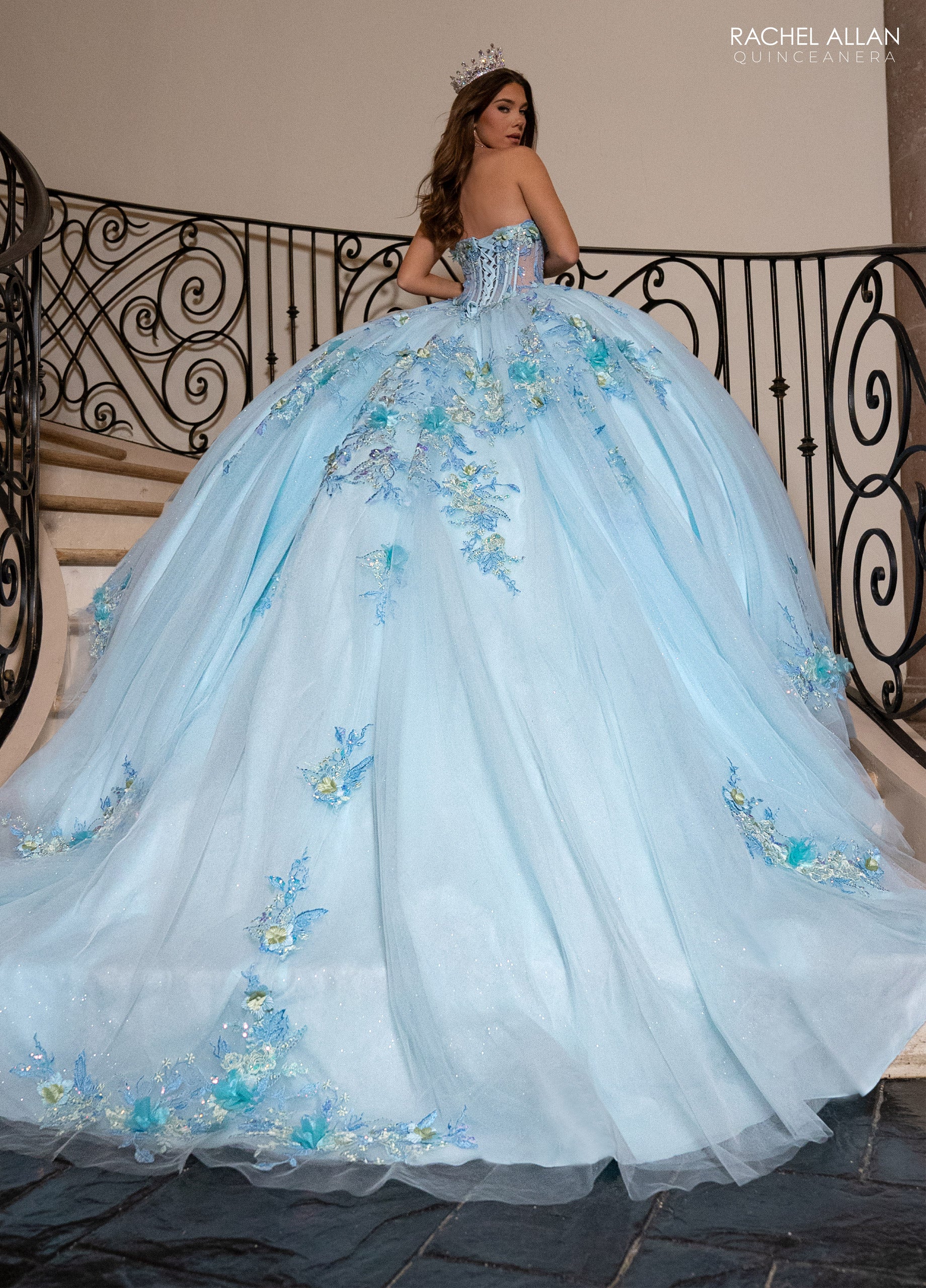 Quinceniera Dresses Ball Gown Glitter Long Floral Quinceanera Dress Light Blue Multi