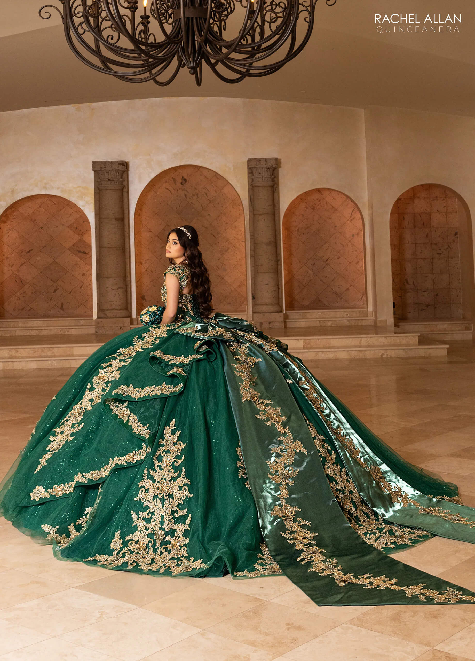 Emerald Gold V Neck Floor Length Glitter Tulle Quinceanera Ball Gown Rachel Allan RQ2244
