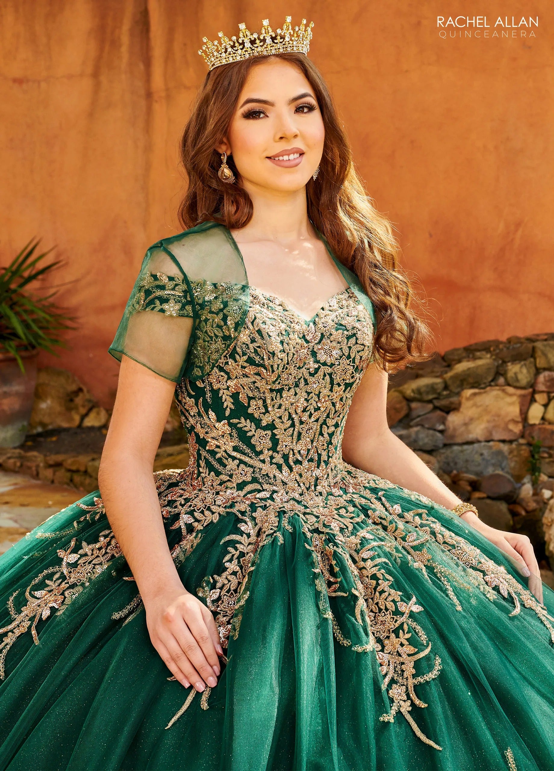 Emerald Rose Gold Off the Shoulder Floor Length Glitter Tulle Quinceanera Ball Gown with Beaded Applique Rachel Allan MQ2151