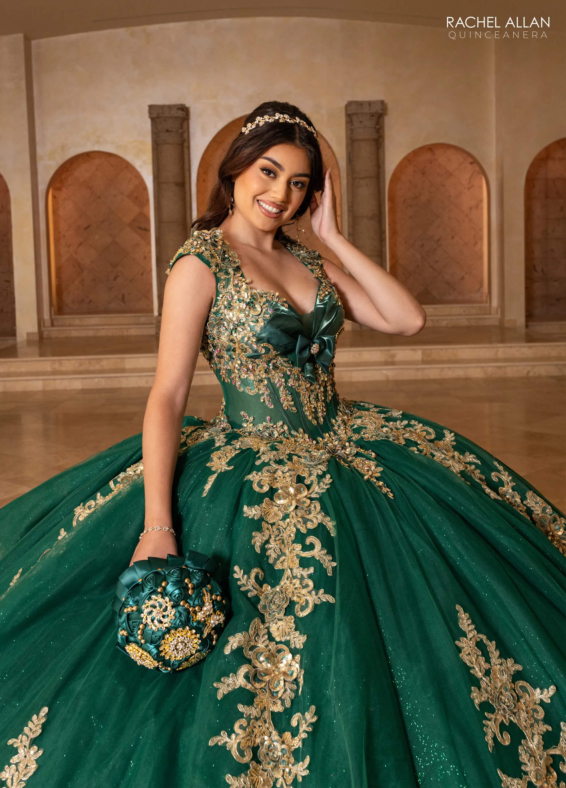 Emerald Gold V Neck Floor Length Glitter Tulle Quinceanera Ball Gown Rachel Allan RQ2244