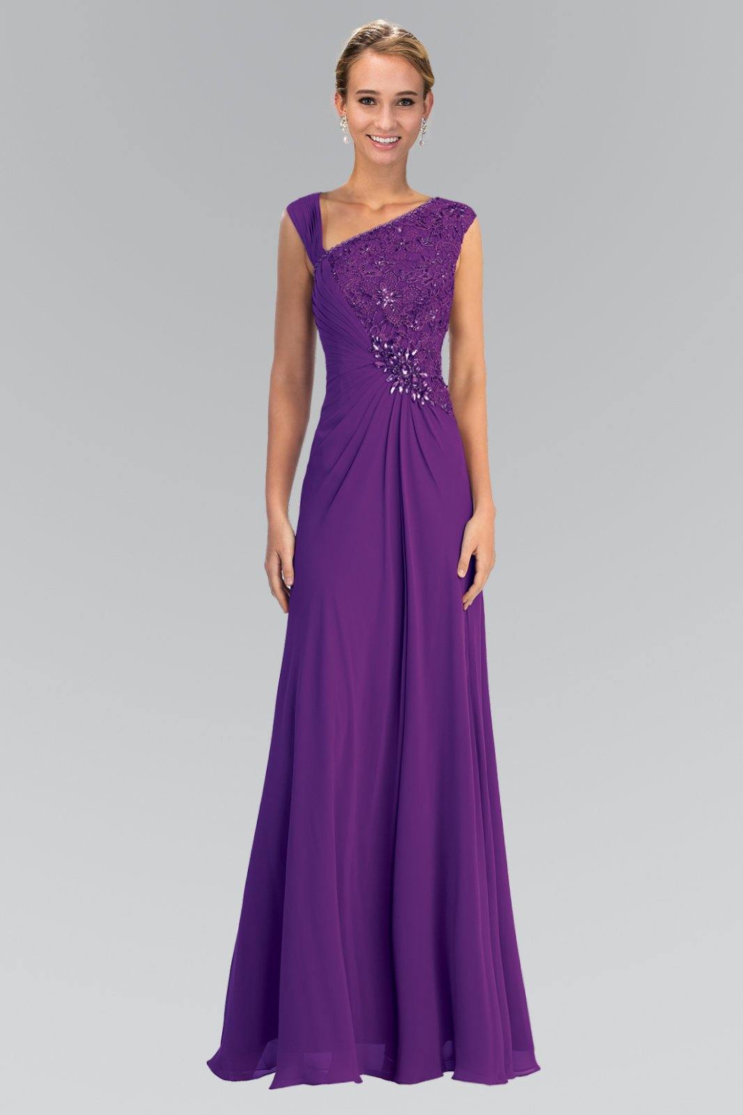 Lace Embellished Bodice Chiffon Long Formal Dress - The Dress Outlet Elizabeth K