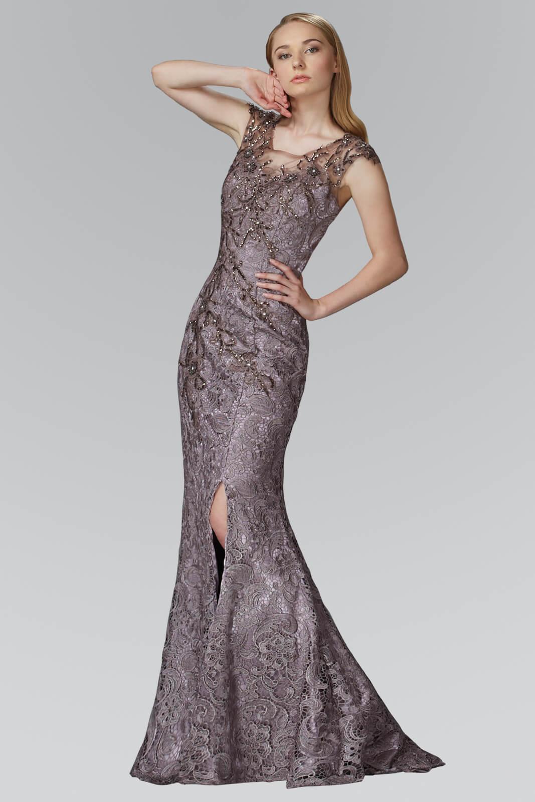 Mauve Brown Lace Long Prom Dress Formal Evening Gown