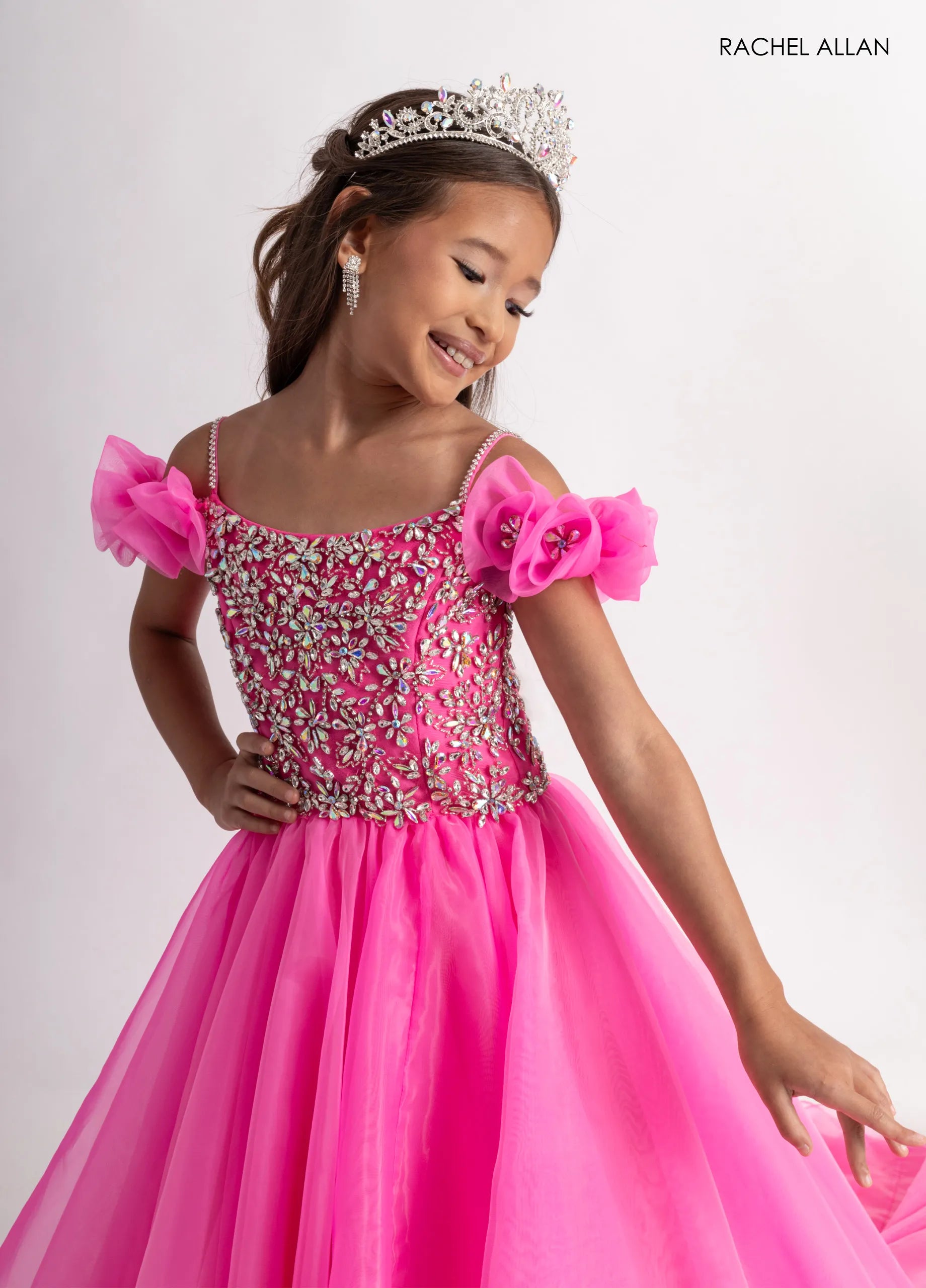 Hot Pink Scoop Floor-Length Tulle Flower Girl Dress with Beaded Bodice Rachel Allan 10300