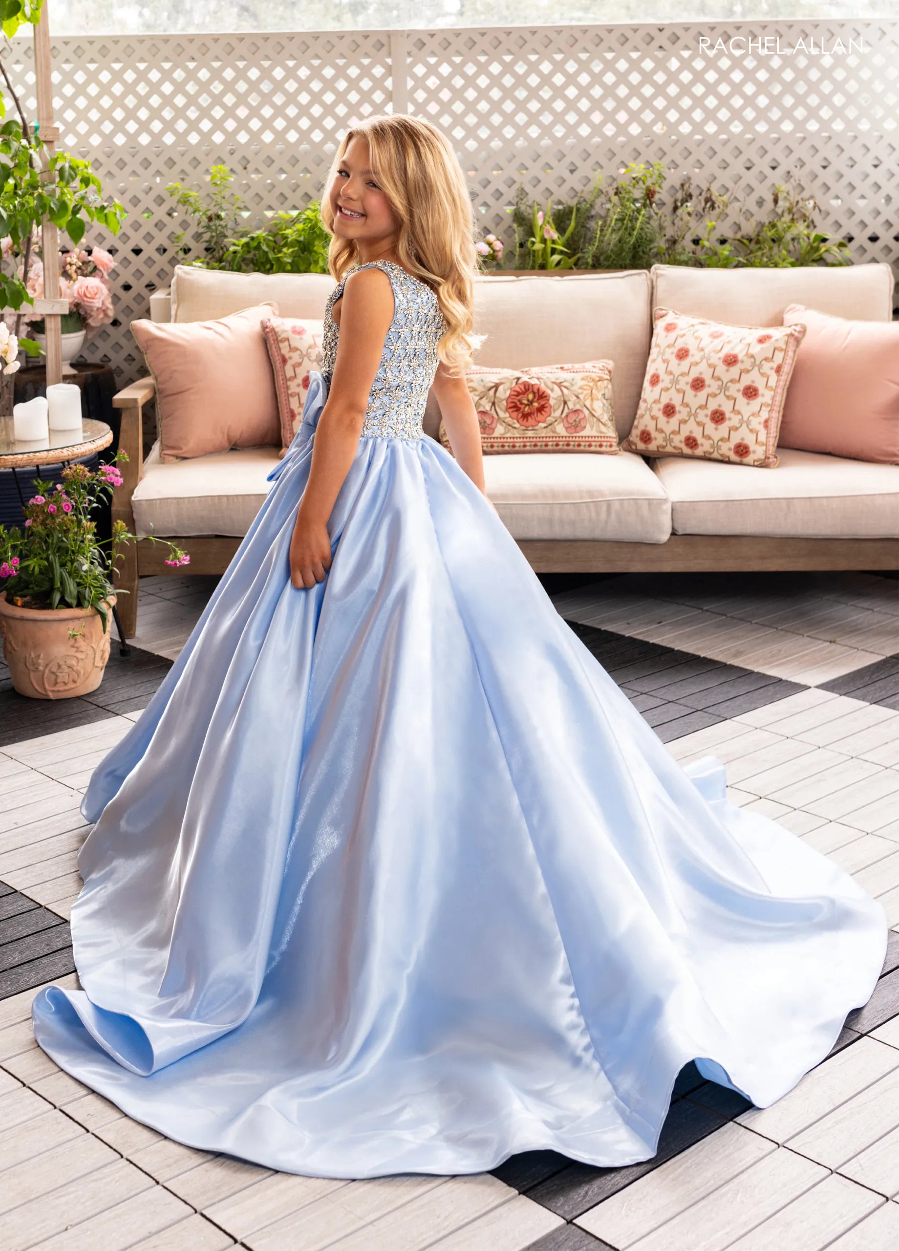 Powder Blue One-Shoulder Floor-Length Shimmer Satin Flower Girl Dress with Beaded Bodice and Side Bow Rachel Allan 10298