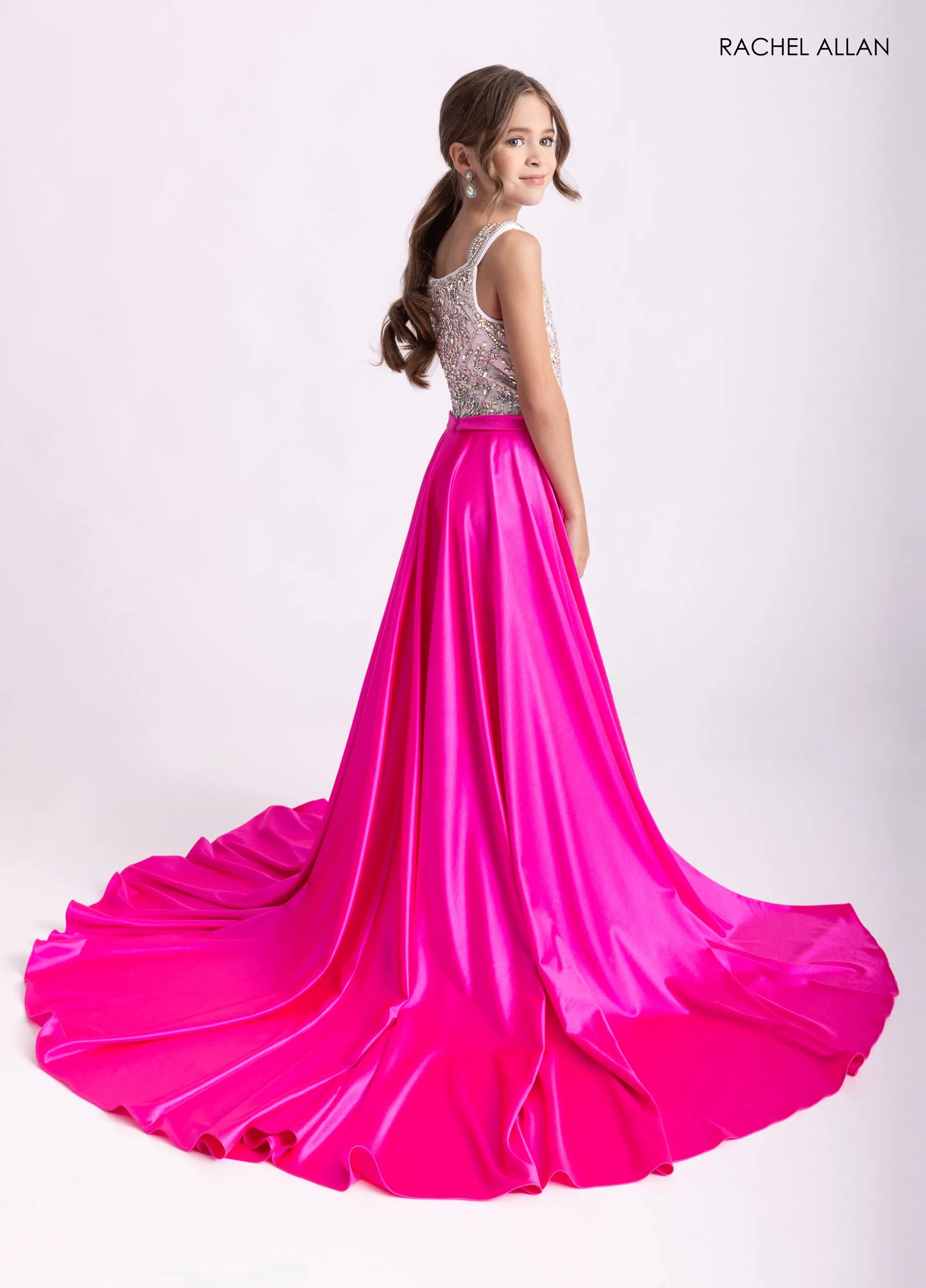Square Neck High-Low Satin Pageant Dress by Rachel Allan 10315 in Hot Pink