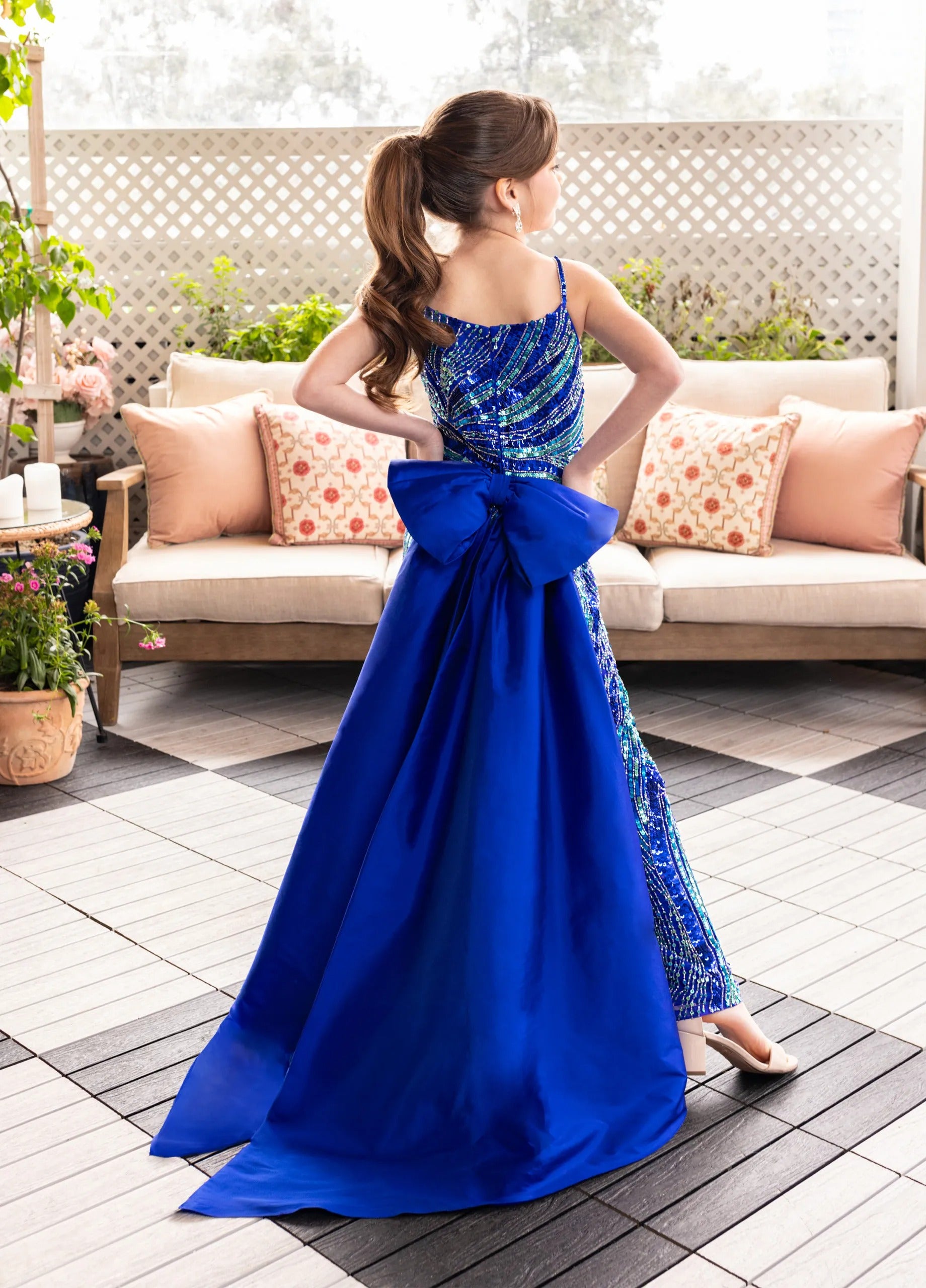 Royal Multi One-Shoulder Floor-Length Sequin Pageant Jumpsuit with Detachable Taffeta Train Rachel Allan 10286