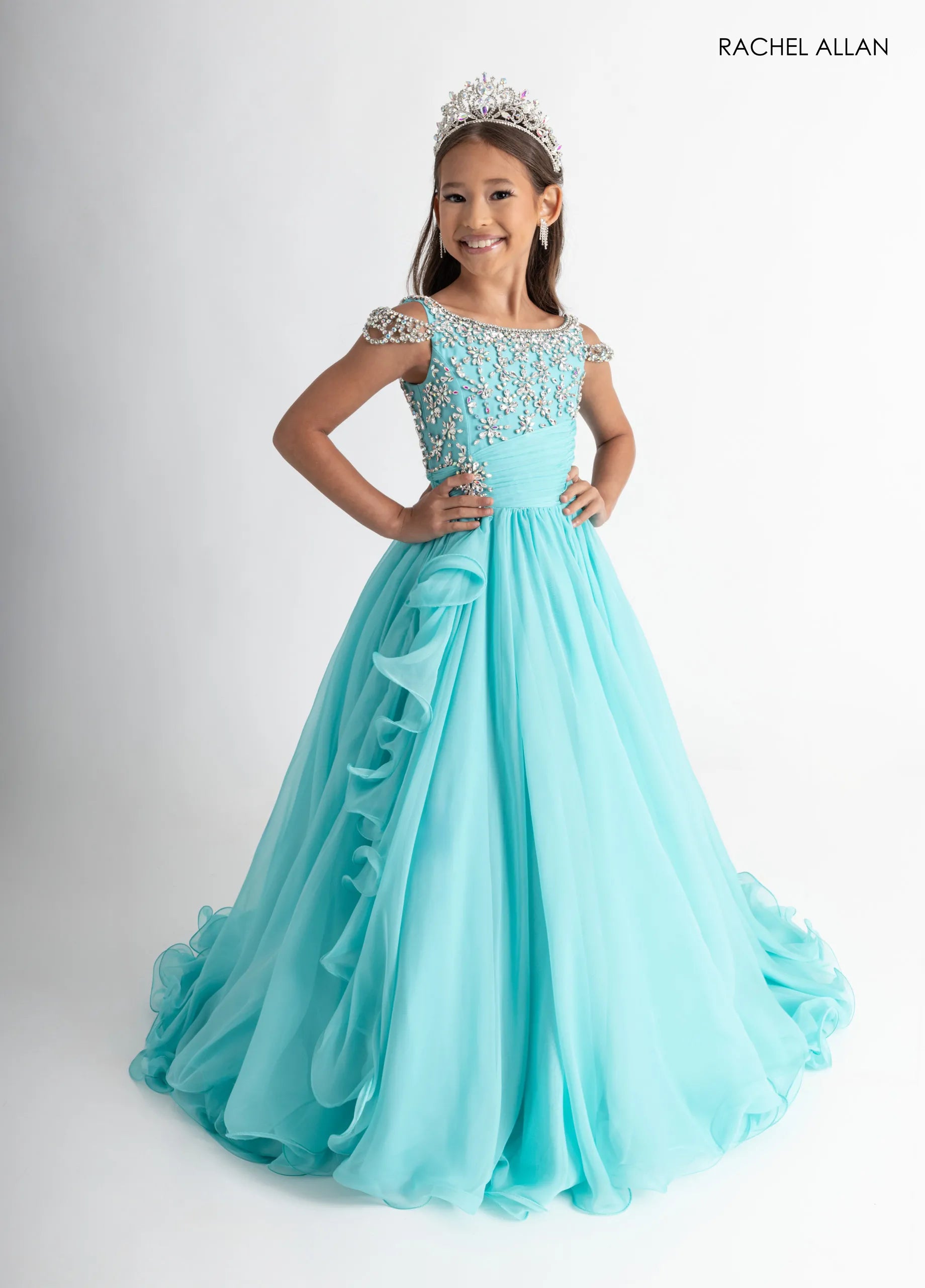 Illusion Neckline Long Chiffon Flower Girl Dress by Rachel Allan 10302 in Aqua