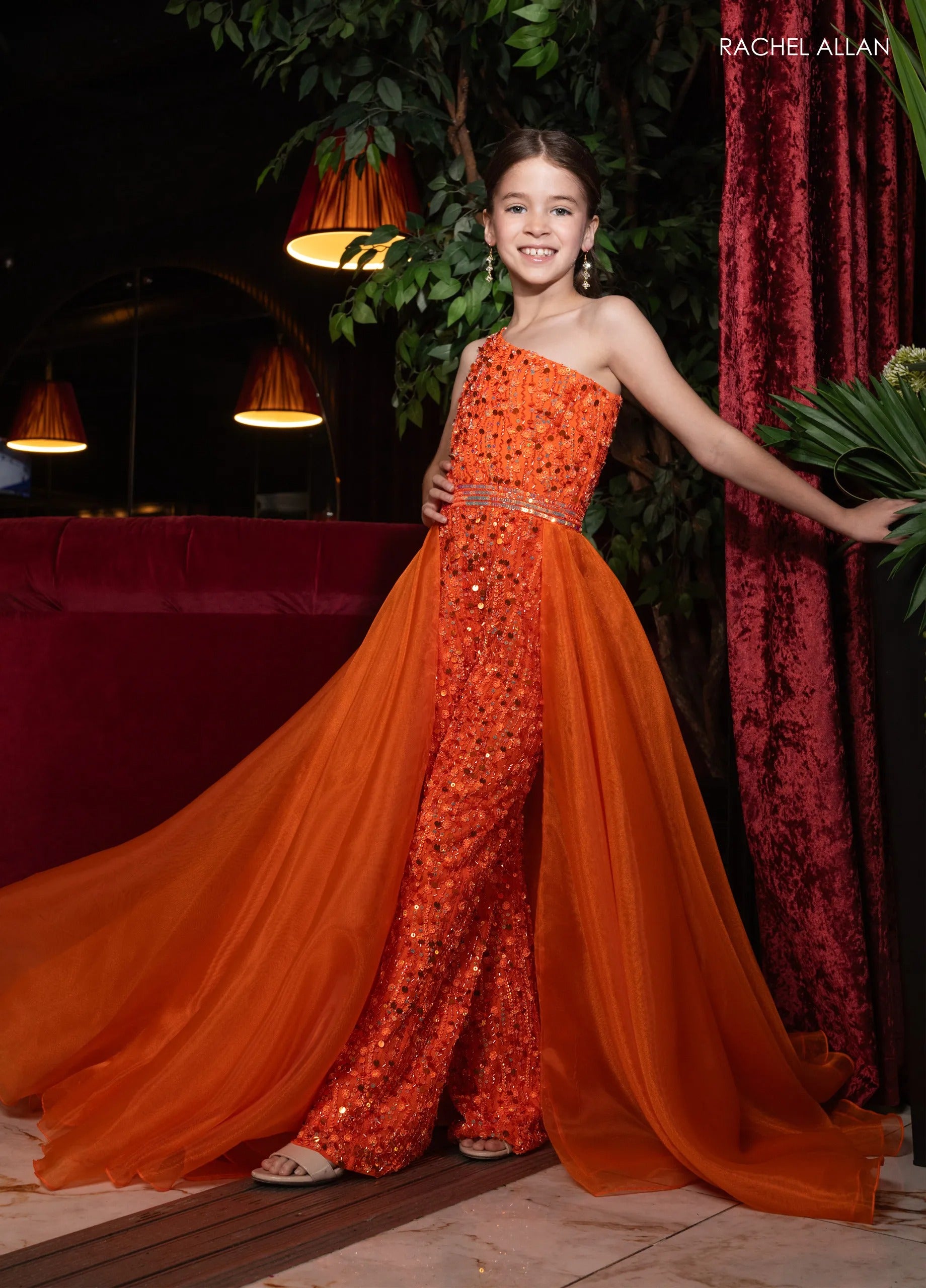 Tangerine One-Shoulder Floor-Length Beaded Pageant Jumpsuit with Organza Overskirt Rachel Allan 10290