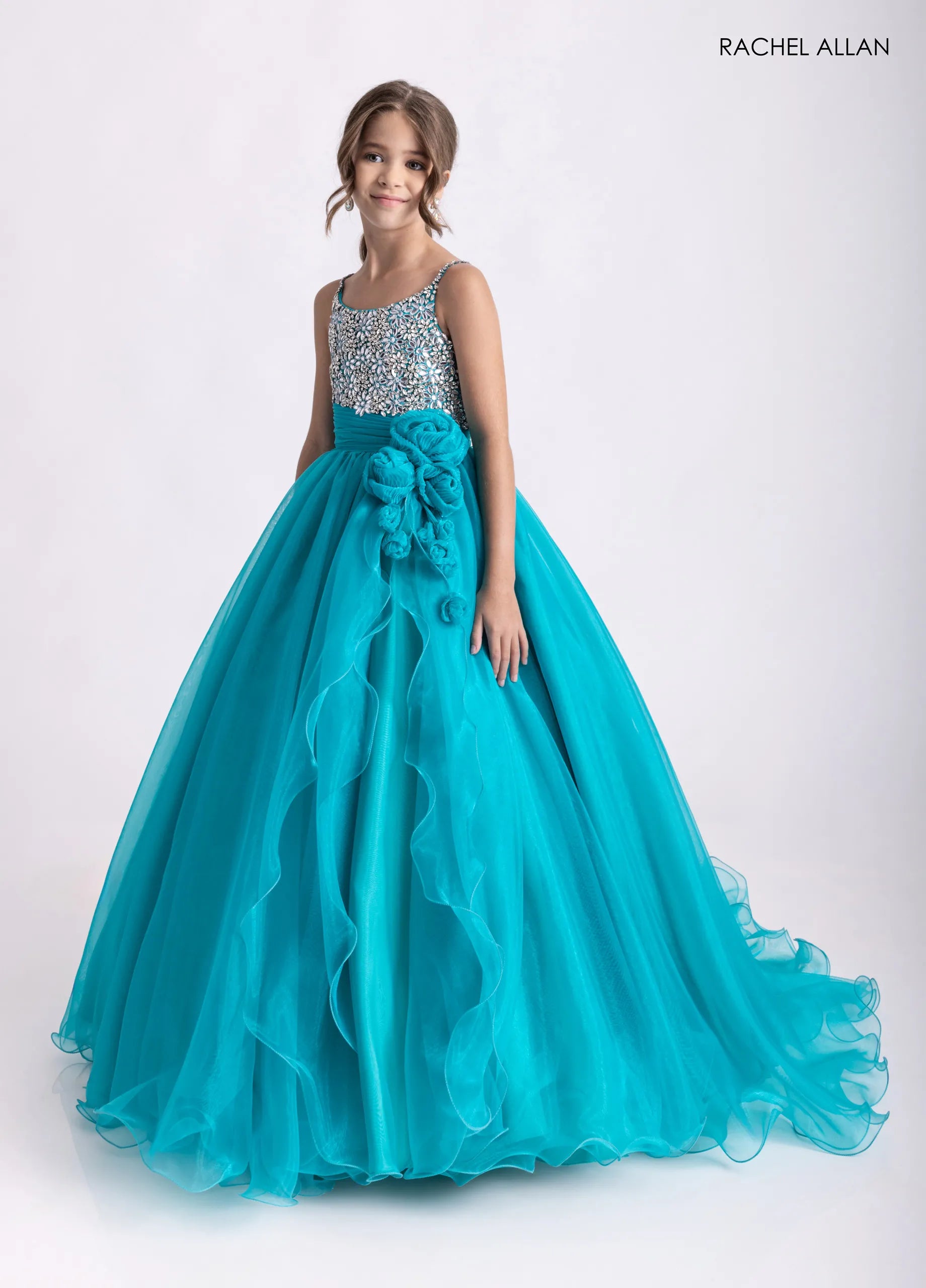 Jade Scoop-Neck Floor-Length Organza Pageant Ball Gown with Crystal-Beaded Bodice Rachel Allan 10317
