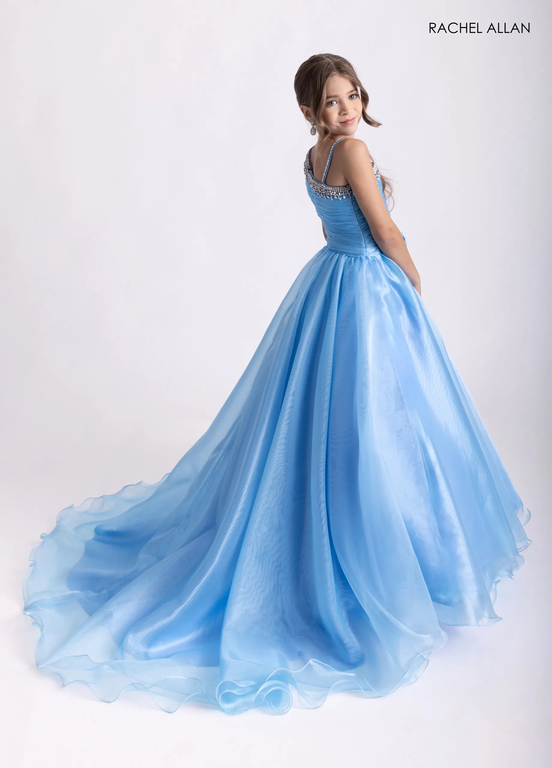 Sky Blue One-Shoulder Floor-Length Organza Flower Girl Pageant Gown with Crystal Trim Rachel Allan 10327