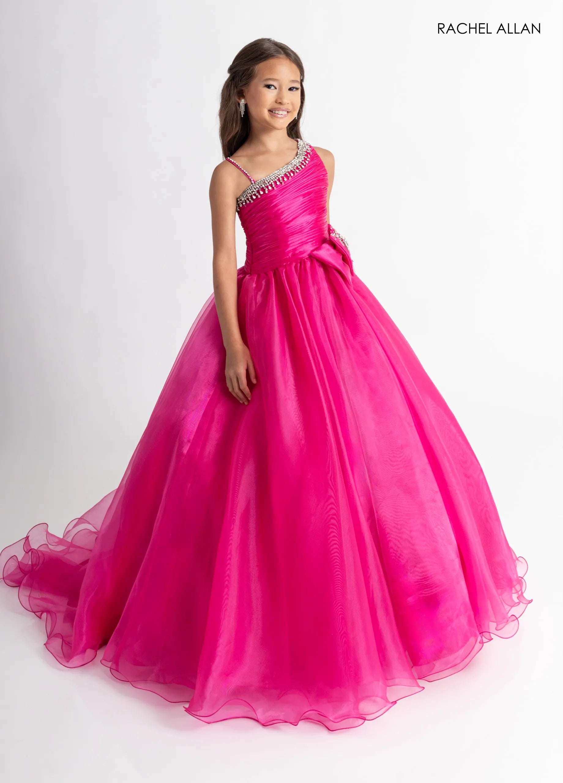 Fuchsia One-Shoulder Floor-Length Organza Flower Girl Pageant Gown with Crystal Trim Rachel Allan 10327