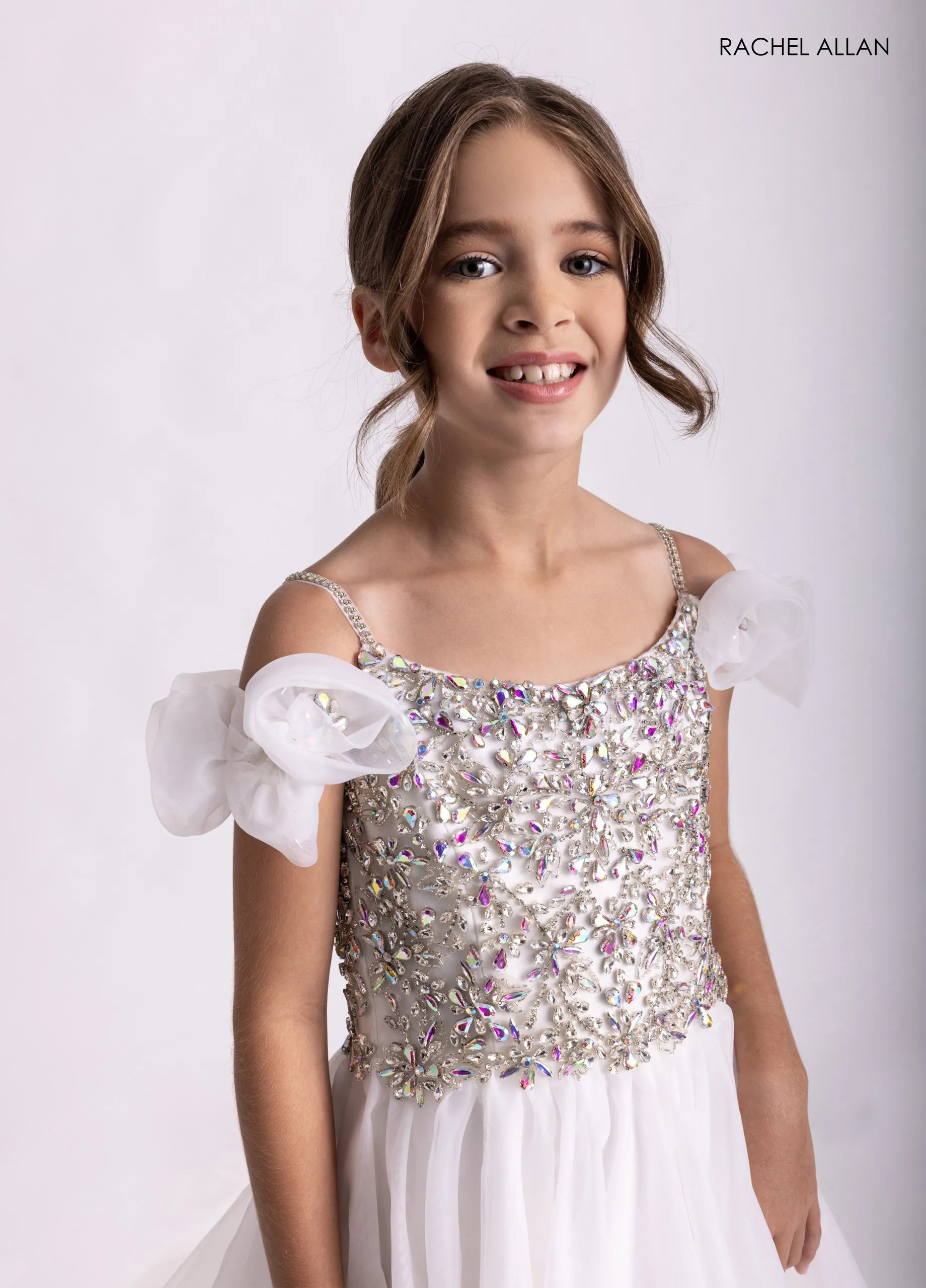 White Scoop Floor-Length Tulle Flower Girl Dress with Beaded Bodice Rachel Allan 10300