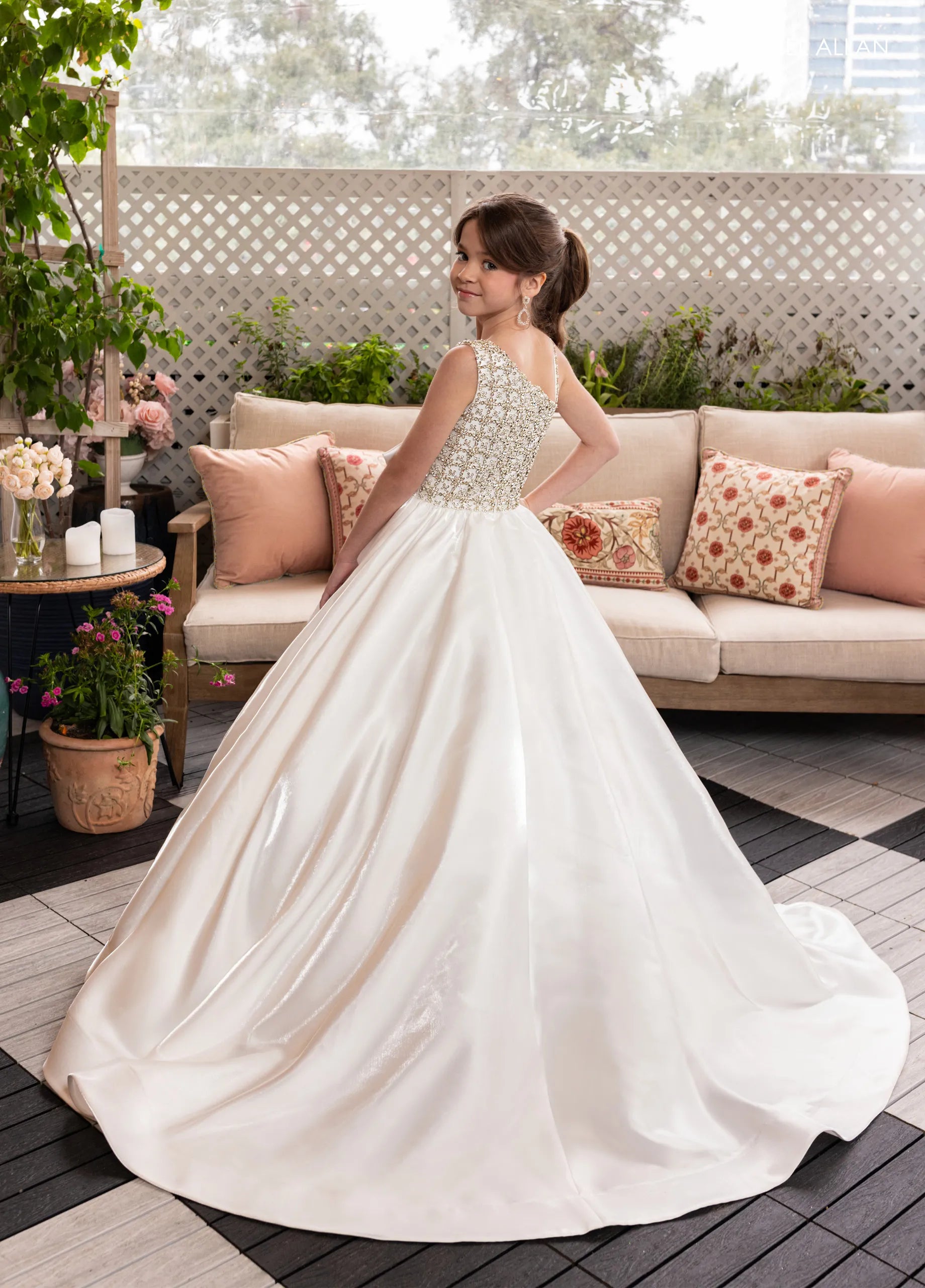 White One-Shoulder Floor-Length Shimmer Satin Flower Girl Dress with Beaded Bodice and Side Bow Rachel Allan 10298