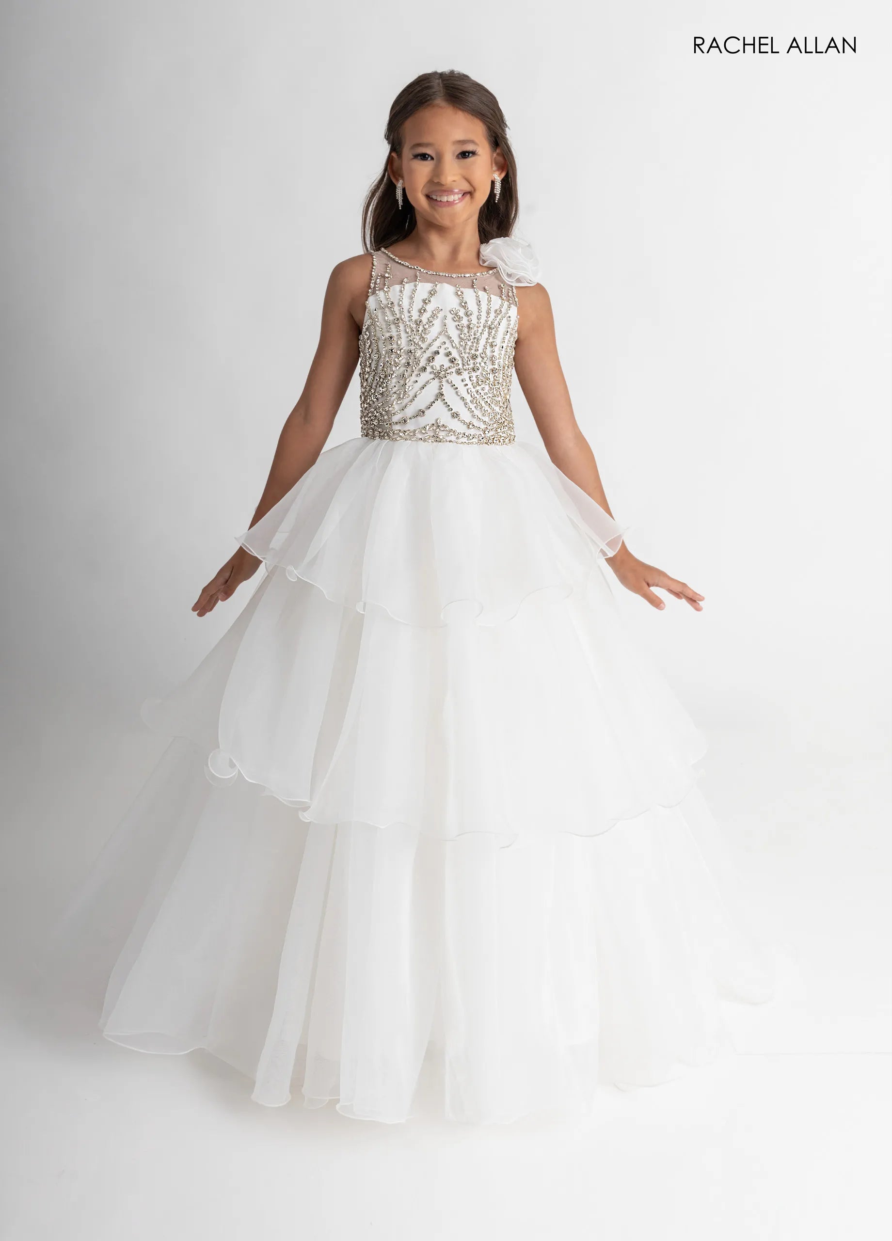 White Jewel Neck Floor-Length Mesh Flower Girl Ball Gown with Tiered Ruffles Rachel Allan 10321