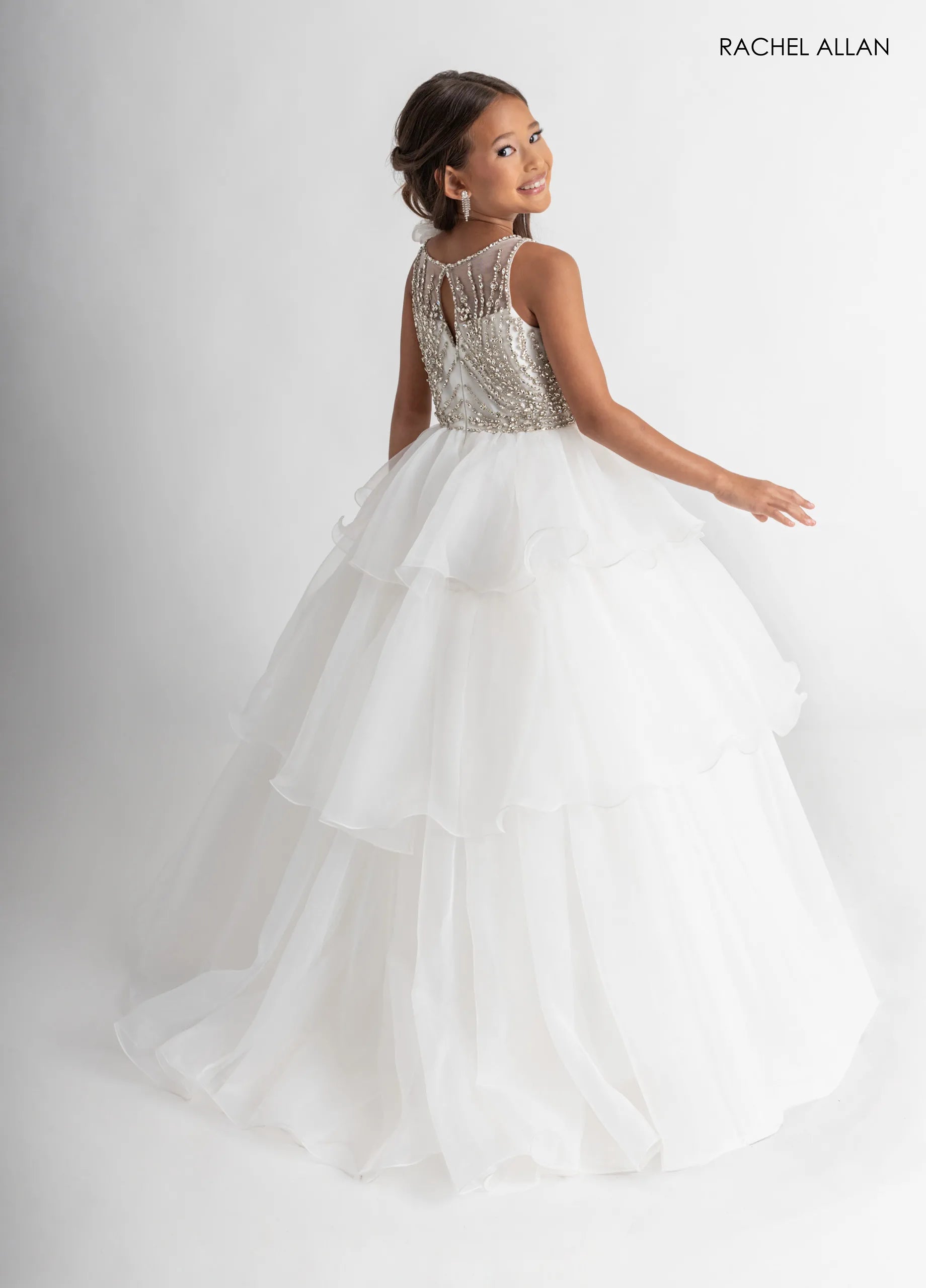 White Jewel Neck Floor-Length Mesh Flower Girl Ball Gown with Tiered Ruffles Rachel Allan 10321