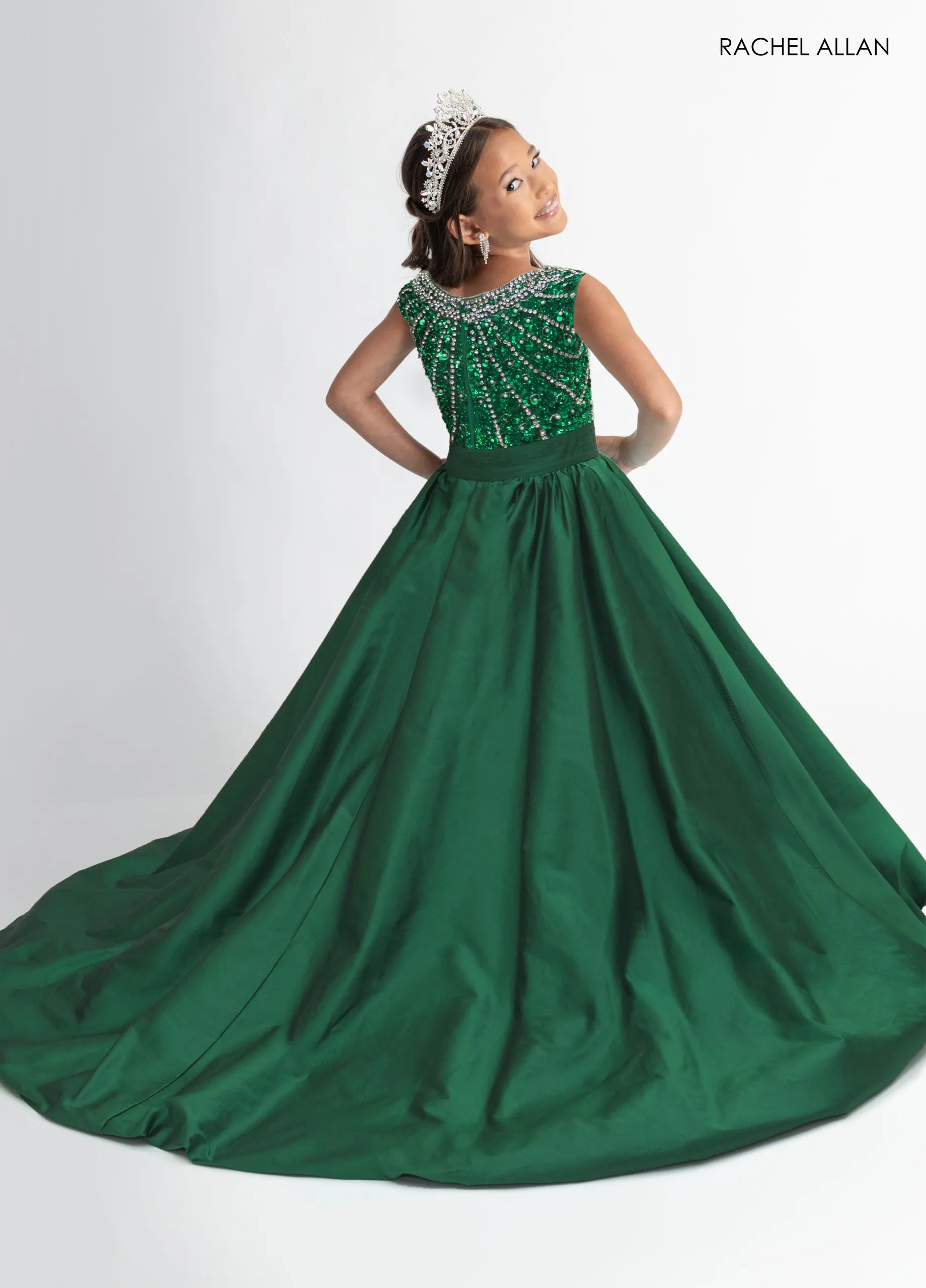 Emerald Jewel-Neck Floor-Length Taffeta Pageant Ball Gown with Beaded Bodice Rachel Allan 10329