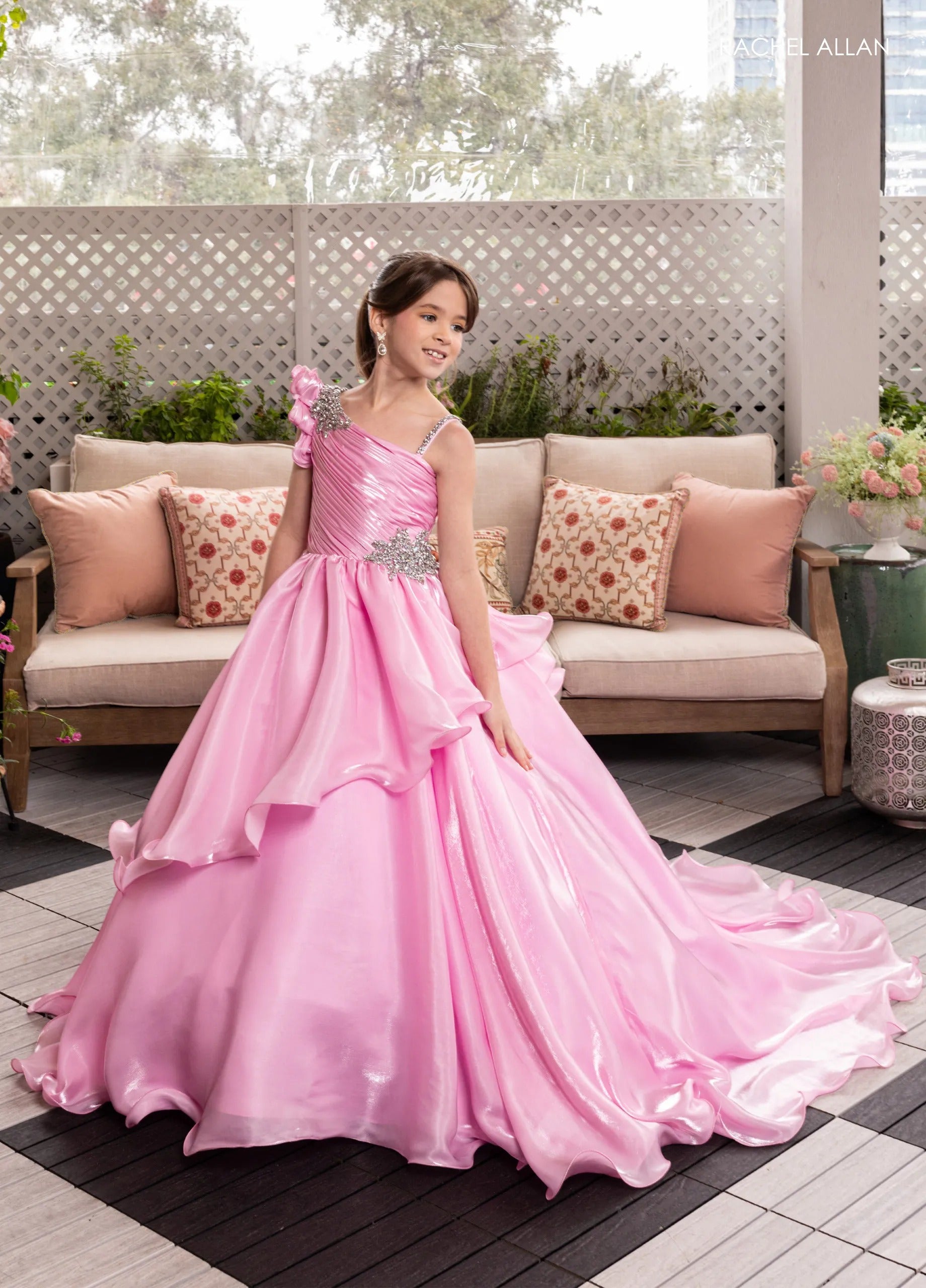 Pink One-Shoulder Floor-Length Crystal Organza Pageant Ball Gown with Floral Appliqué Rachel Allan 10281