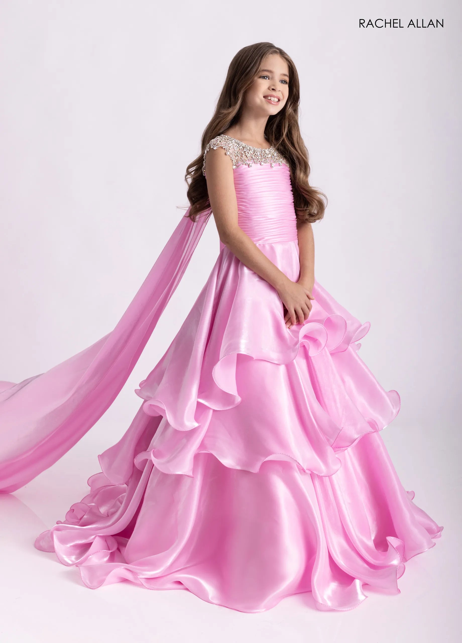 Jewel Neck Long Organza Flower Girl Dress by Rachel Allan 10310 in Pink